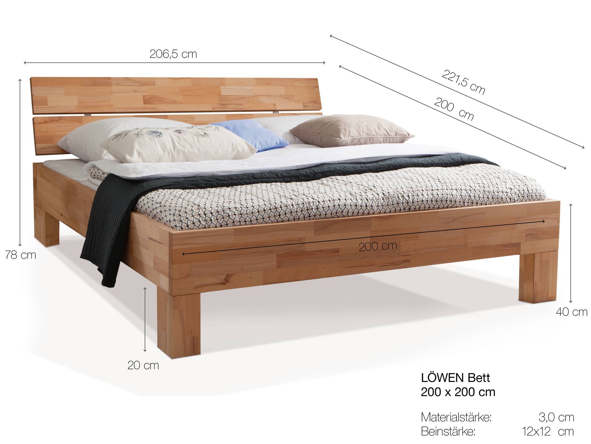 LÖWEN 4-Fuß-Massivholzbett, mit Kopfteil 200 x 200 cm | Buche unbehandelt | Standardhöhe