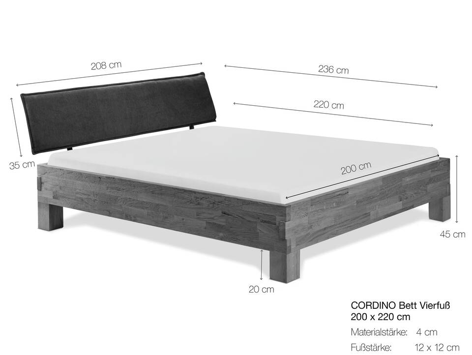 CORDINO 4-Fuß-Bett aus Eiche mit Kopfteil, Material Massivholz 200 x 220 cm | Eiche lackiert | gebürstet