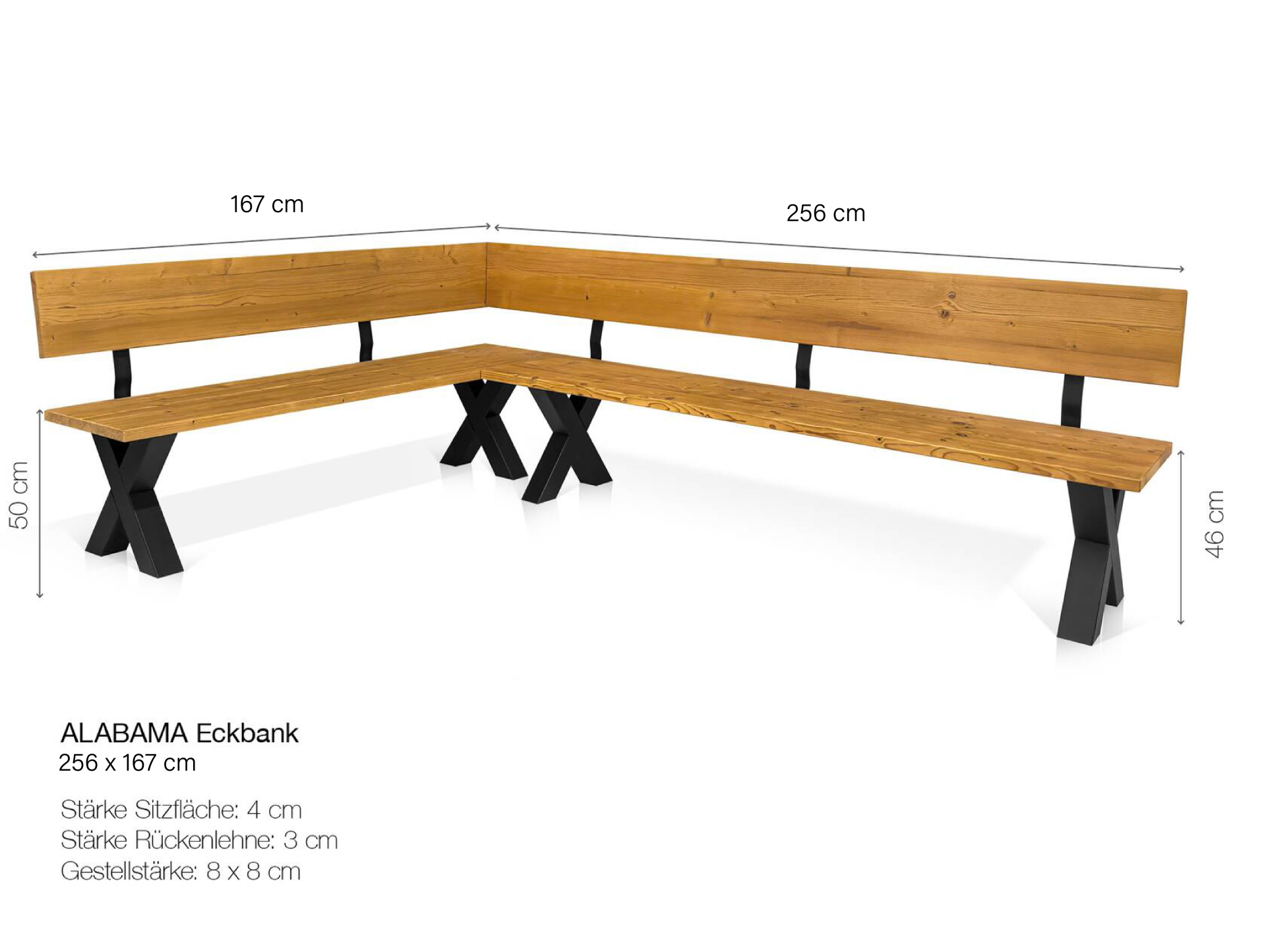 ALABAMA Eckbank mit X-Beinen, Altholzoptik, Material Massivholz, THERMO-Fichte lackiert 256 x 167 cm | vintage