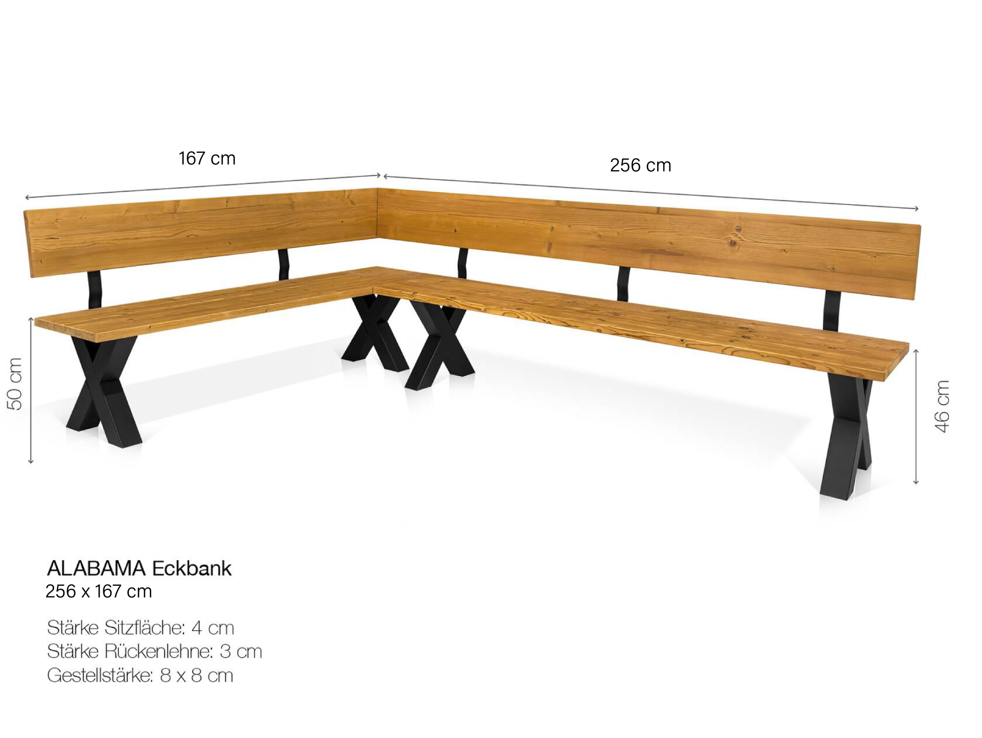 ALABAMA Eckbank mit X-Beinen, Altholzoptik, Material Massivholz, THERMO-Fichte lackiert 256 x 167 cm | natur
