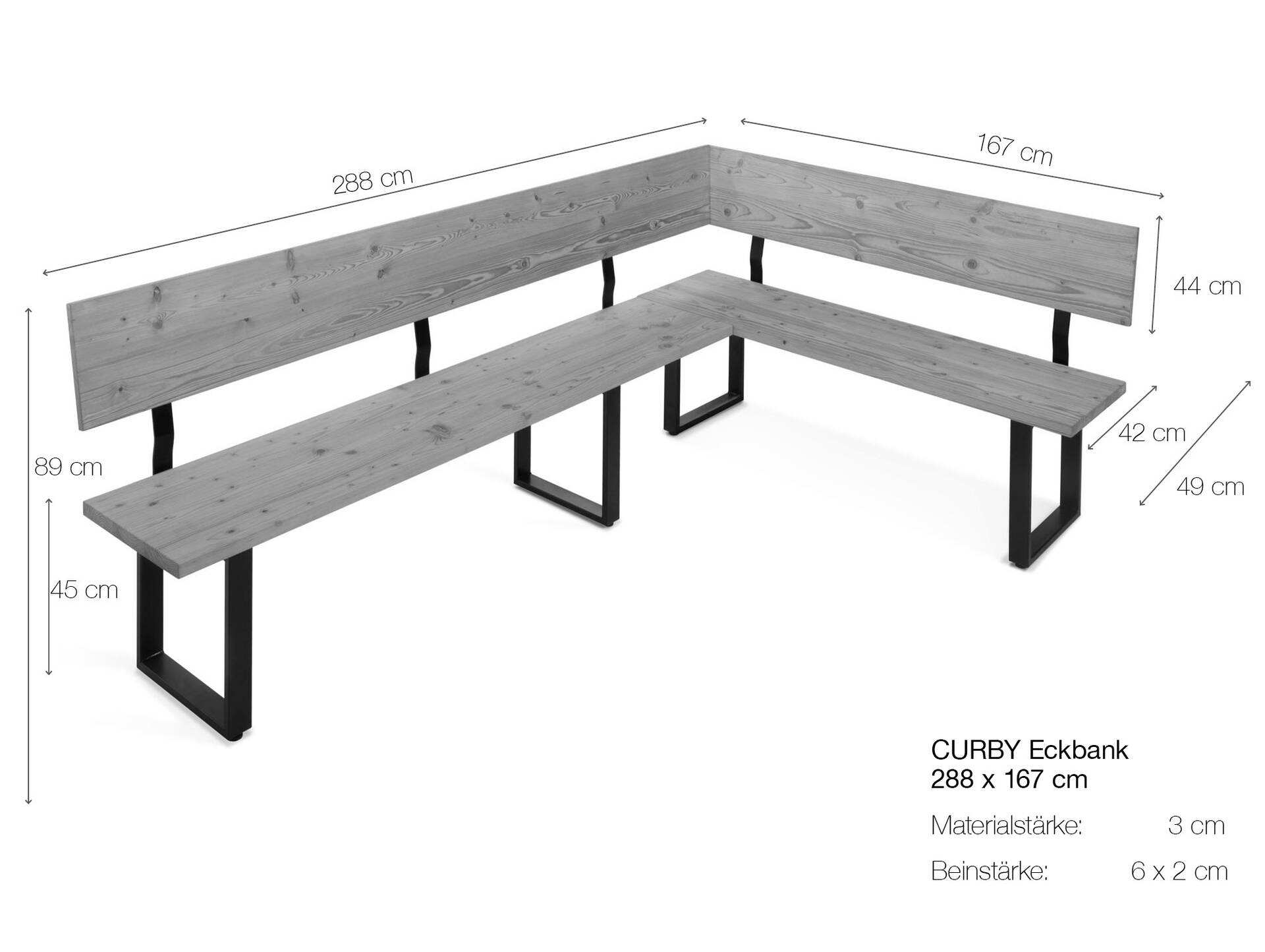 CURBY Eckbank, rustikale Altholzoptik, Material Massivholz, Fichte gebürstet 288 x 167 cm | vintage | ohne Sitzkissen