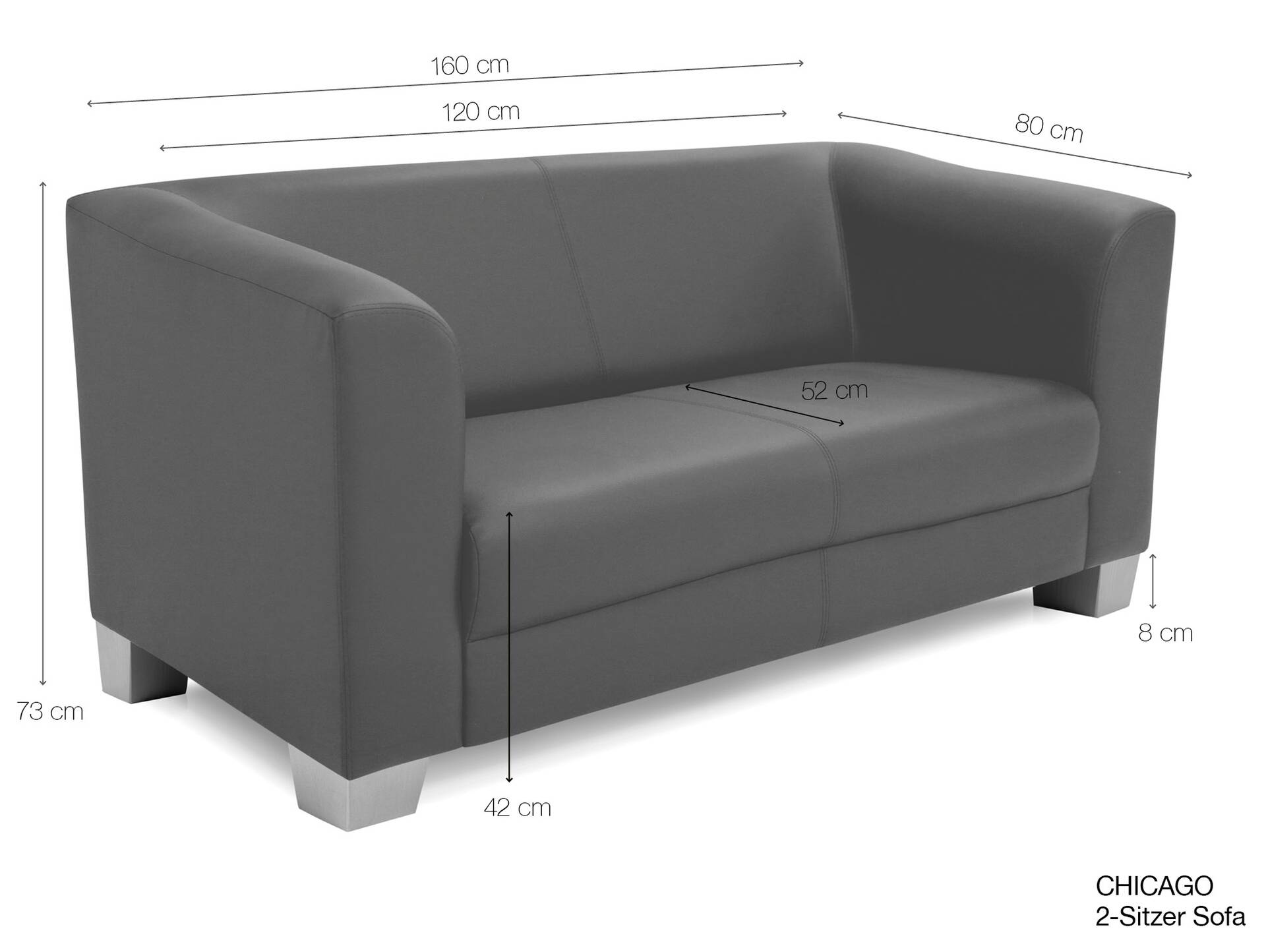 CHICAGO 2-Sitzer Sofa, Material Kunstleder grau