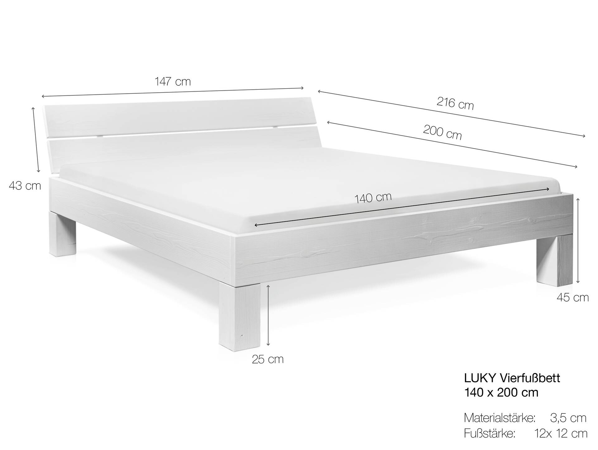 LUKY 4-Fuß-Massivholzbett mit Kopfteil, Fichte weiss 140 x 200 cm