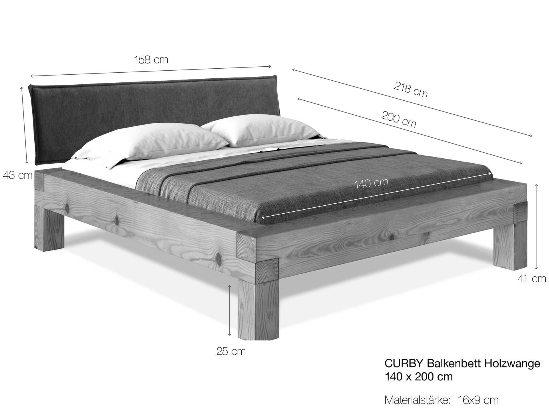 CURBY 4-Fuß-Balkenbett mit Polster-Kopfteil, Material Massivholz, Thermo-Fichte 140 x 200 cm | natur | Stoff Anthrazit | Standardhöhe