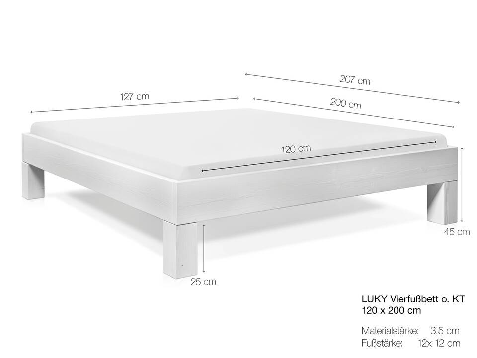 LUKY 4-Fuß-Massivholzbett ohne Kopfteil, Fichte weiss 120 x 200 cm