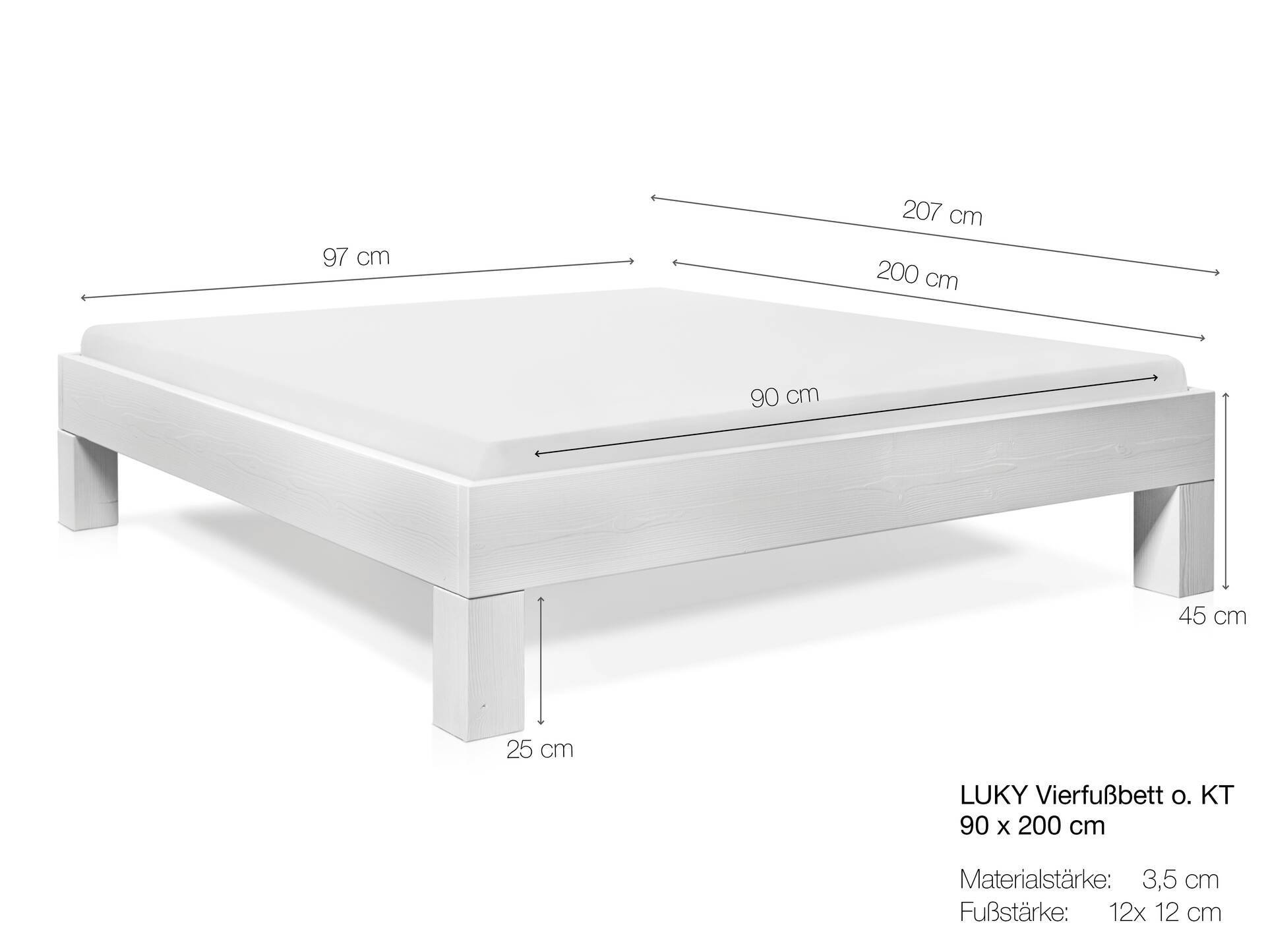 LUKY 4-Fuß-Massivholzbett ohne Kopfteil, Fichte weiss 90 x 200 cm