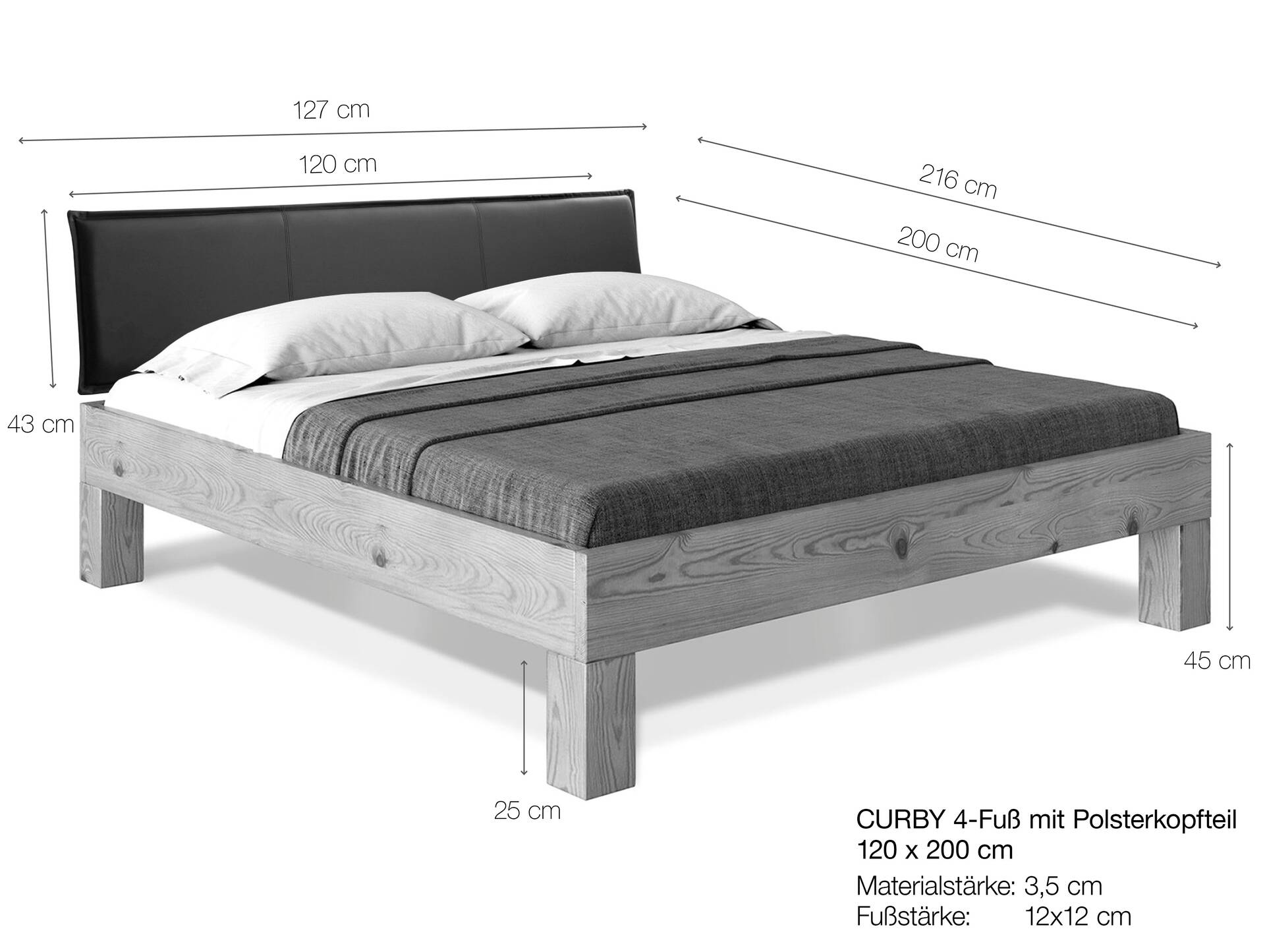 CURBY 4-Fuß-Bett mit Polster-Kopfteil, Material Massivholz, rustikale Altholzoptik, Fichte 90 x 200 cm | natur | Stoff Anthrazit ohne Steppung | Standardhöhe