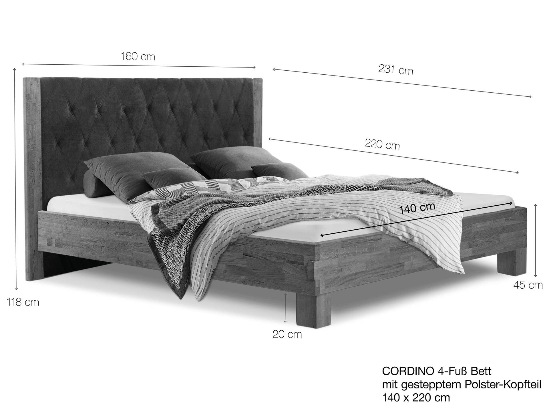 CORDINO 4-Fuß-Bett aus Eiche mit gestepptem Polster-Kopfteil, Material Massivholz 140 x 220 cm | Eiche lackiert | Stoff Braun | gebürstet
