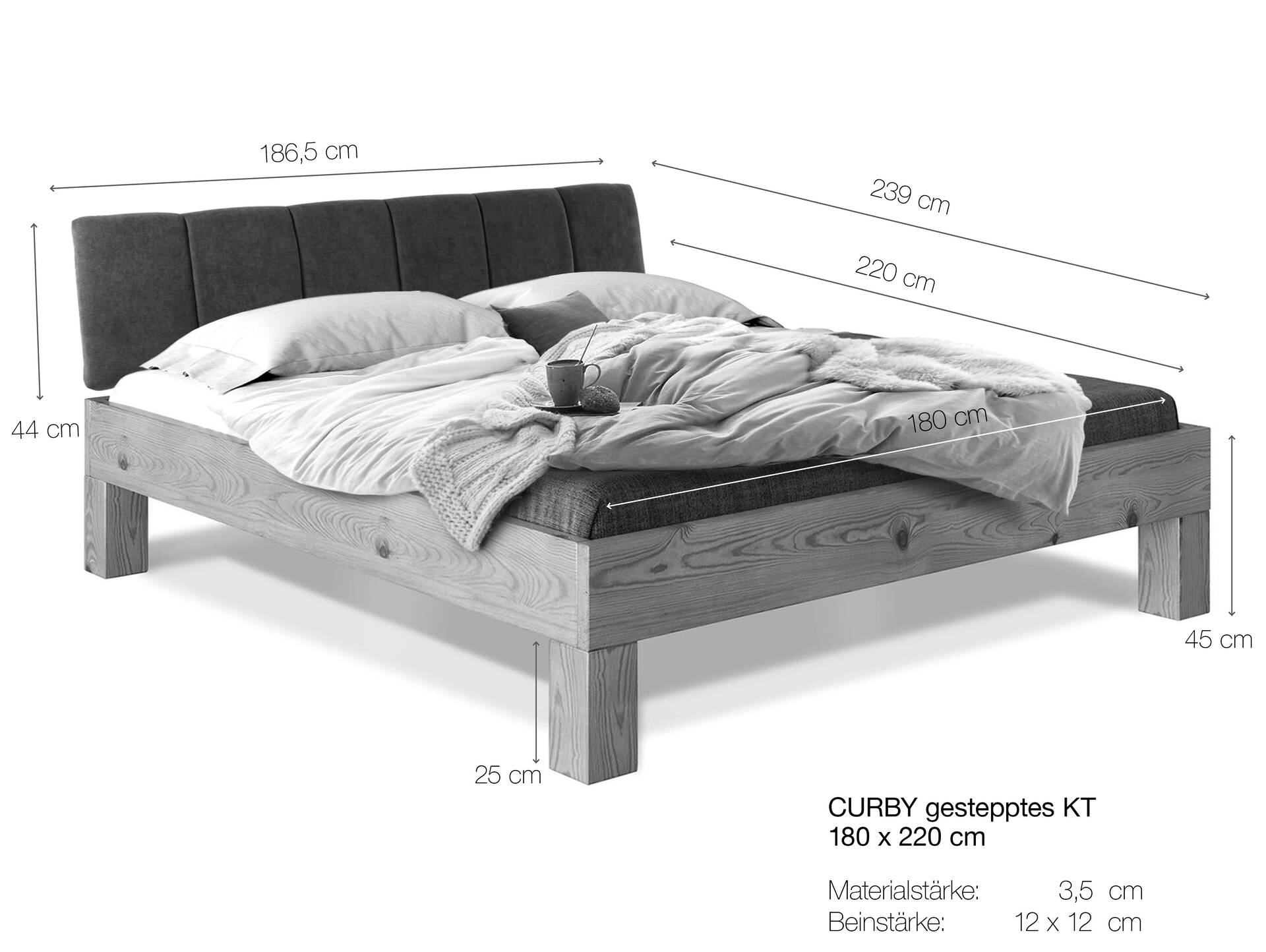 CURBY 4-Fuß-Bett mit Polsterkopfteil, Material Massivholz, rustikale Altholzoptik, Fichte 180 x 220 cm | natur | Stoff Anthrazit mit Steppung | Standardhöhe