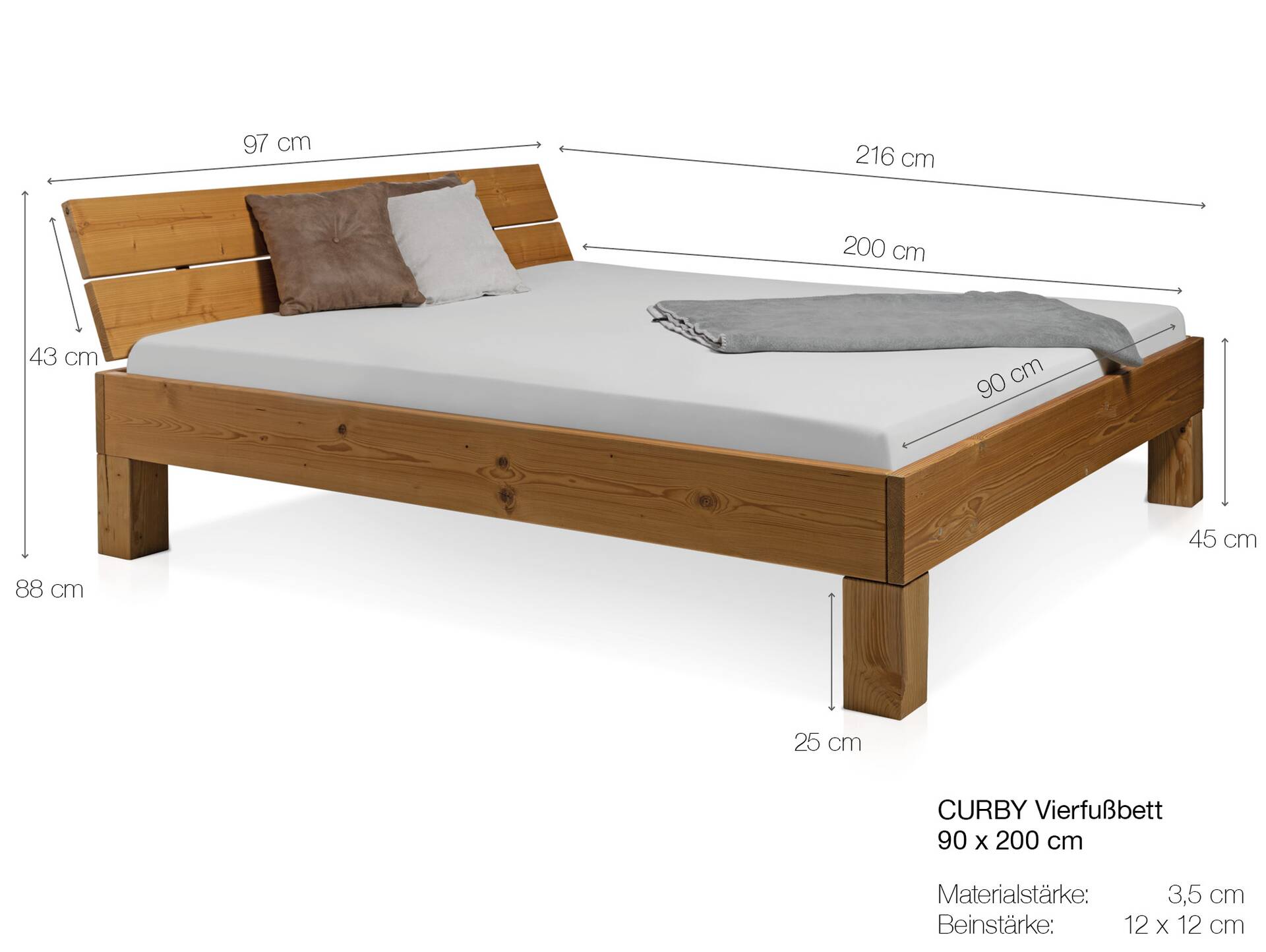 CURBY 4-Fuß-Bett mit Kopfteil, Material Massivholz, rustikale Altholzoptik, Fichte 90 x 200 cm | natur | Standardhöhe