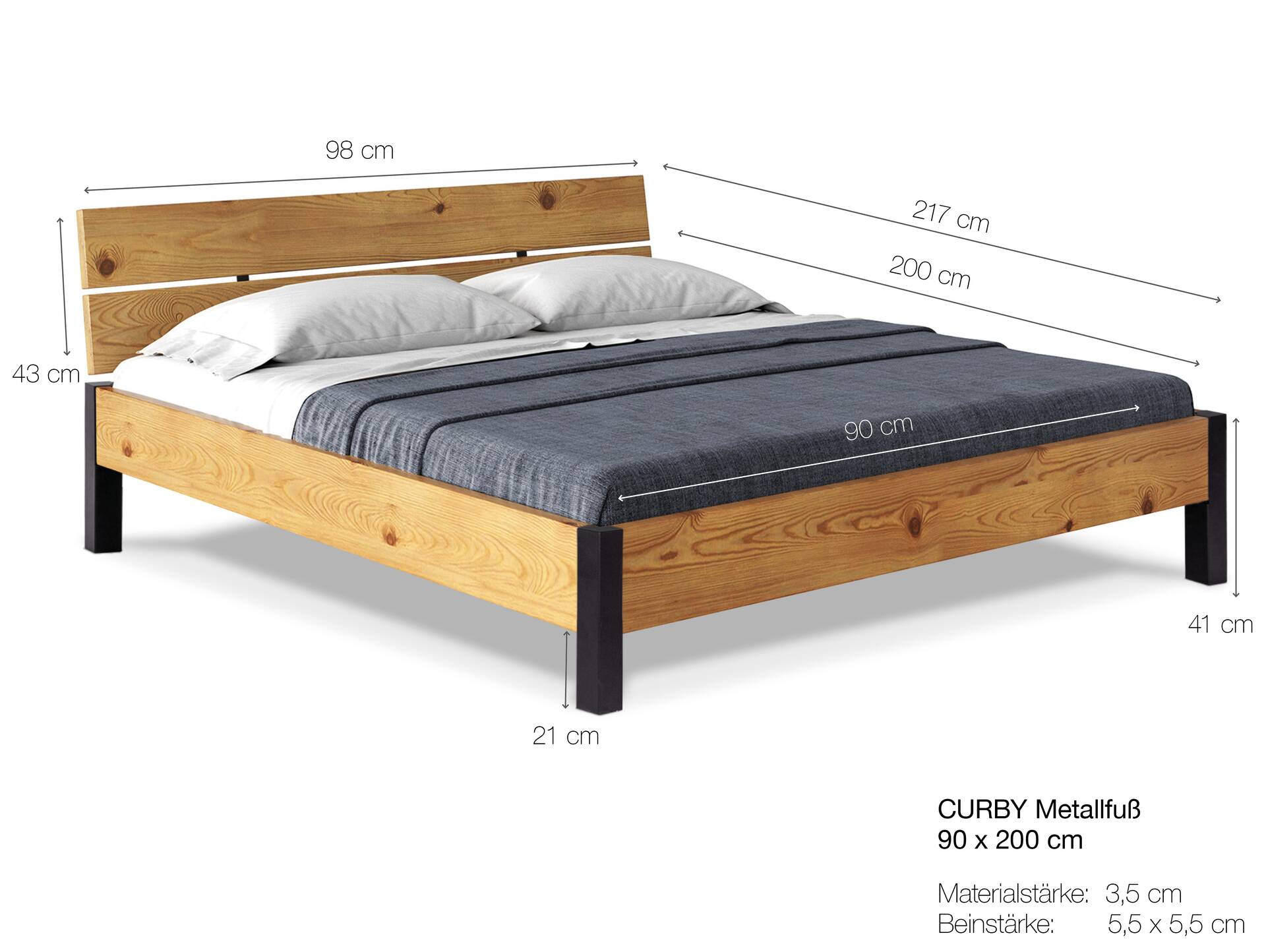 CURBY Bett mit Metallfuß und Kopfteil, Material Massivholz, rustikale Altholzoptik, Fichte 90 x 200 cm | natur