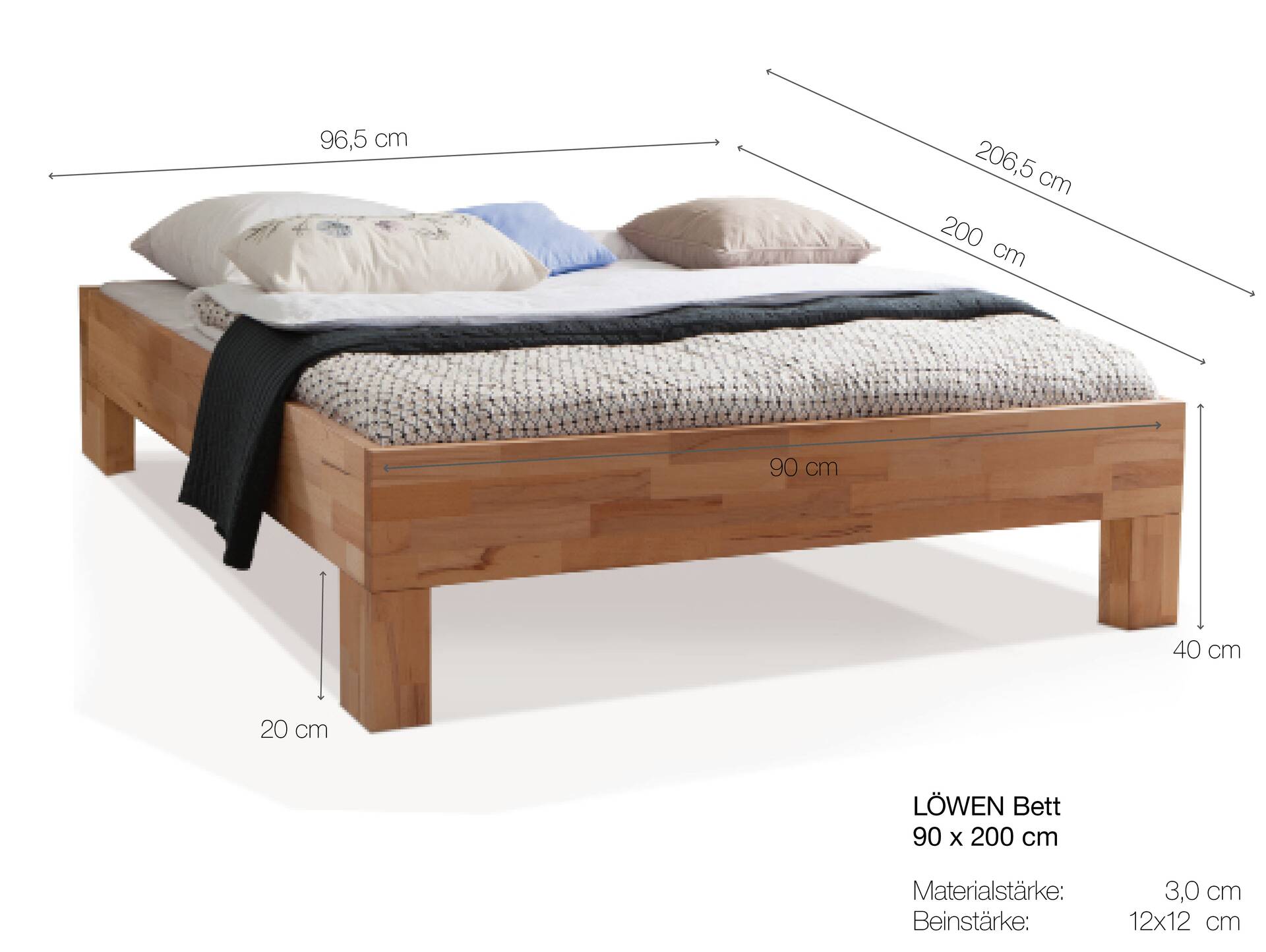 LÖWEN 4-Fuß Massivholzbett, mit/ohne Kopfteil 90 x 200 cm | Buche unbehandelt | Standardhöhe | ohne Kopfteil