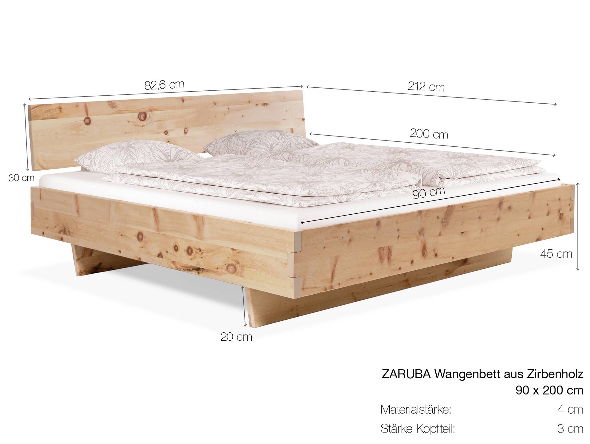 ZARUBA Zirbenbett mit Wangenfuß, Material Massivholz, mit Kopfteil 90 x 200 cm