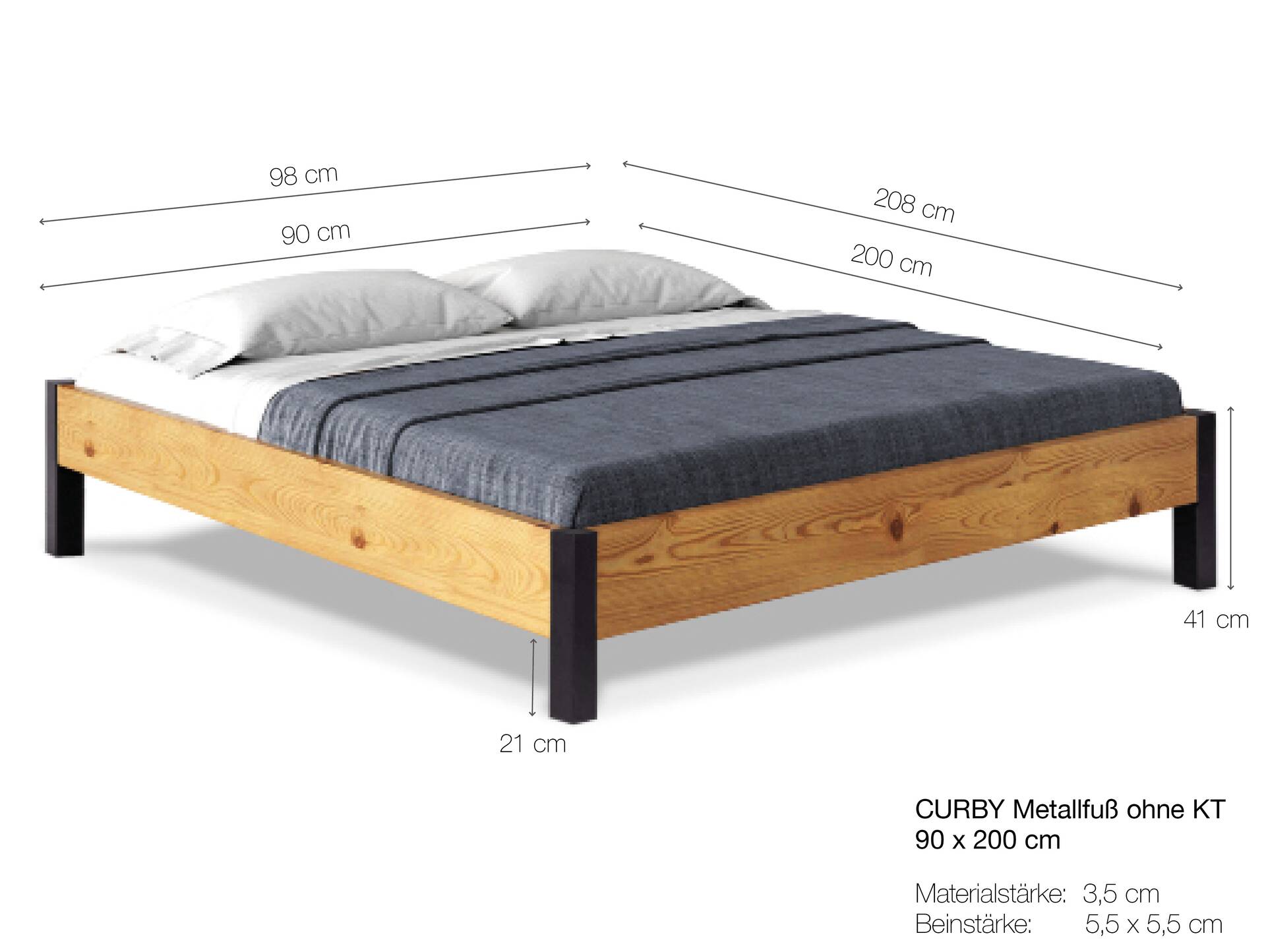CURBY Bett mit Metallfuß, ohne Kopfteil, Material Massivholz, rustikale Altholzoptik, Fichte 90 x 200 cm | natur