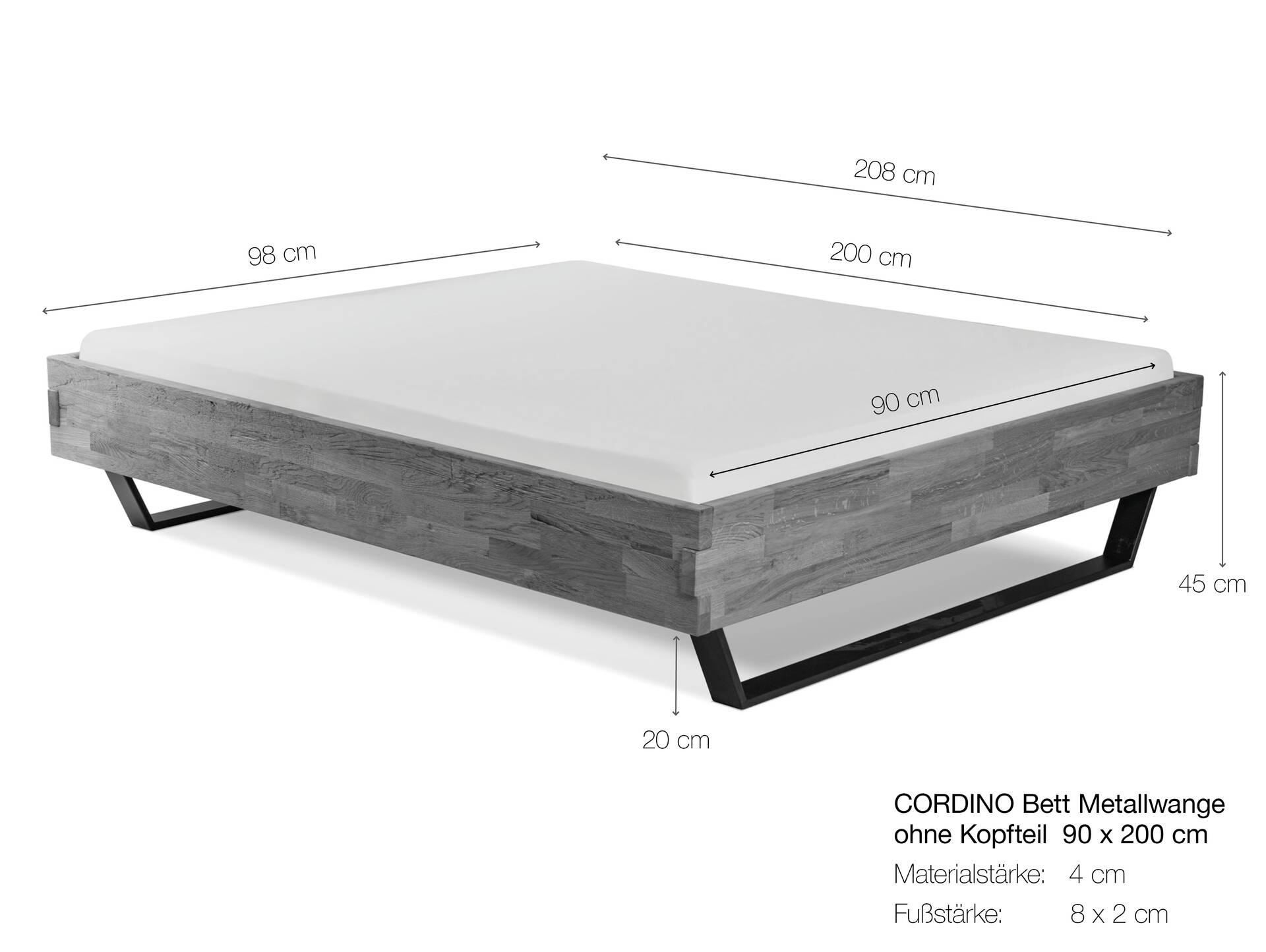 CORDINO Kufenbett aus Eiche, Material Massivholz, mit/ohne Kopfteil 90 x 200 cm | Eiche unbehandelt | gehackt | ohne Kopfteil