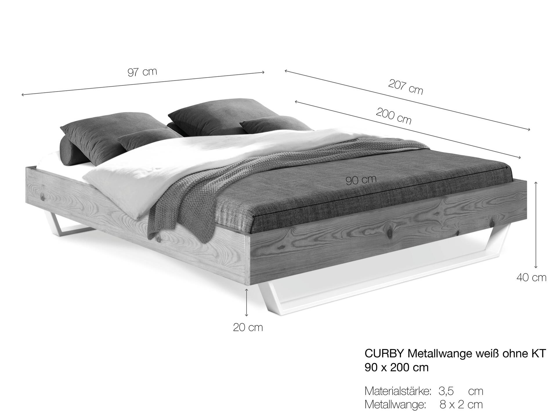 CURBY Kufenbett mit/ohne Kopfteil, Material Massivholz, rustikale Altholzoptik, Fichte, Kufen weiß 90 x 200 cm | natur | ohne Kopfteil