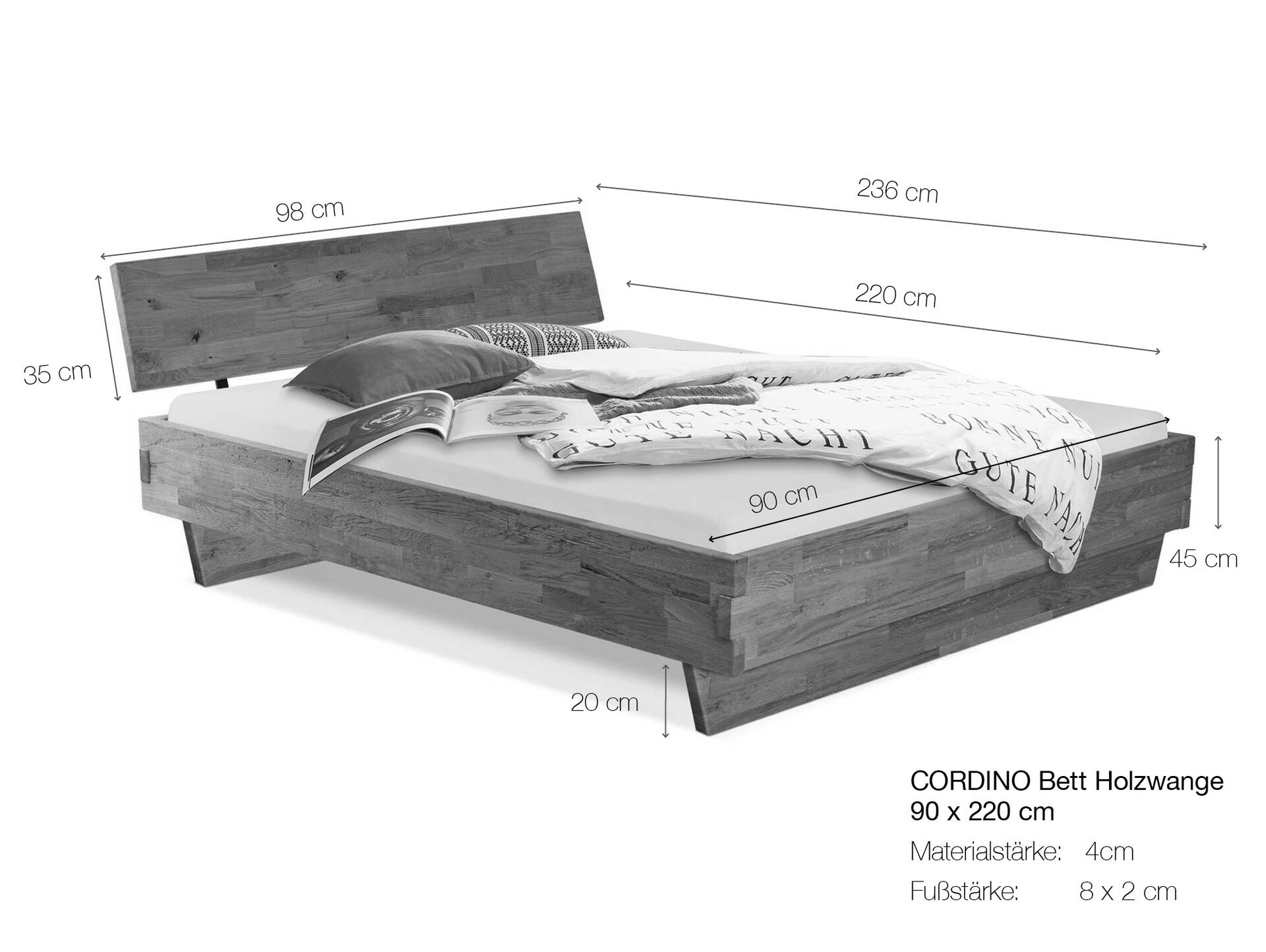 CORDINO Wangenbett aus Eiche, Material Massivholz, mit/ohne Kopfteil 90 x 220 cm | Eiche lackiert | gehackt | mit Kopfteil