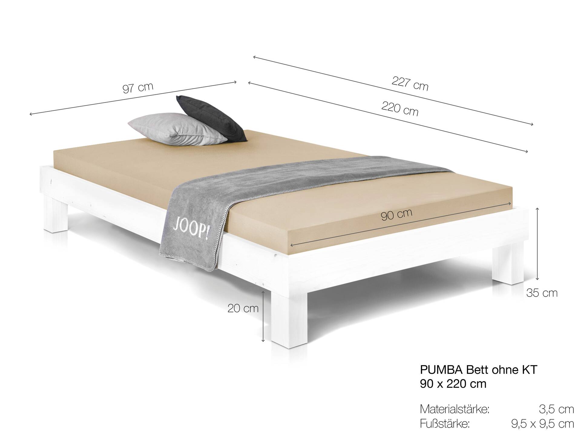 PUMBA Massivholzbett ohne Kopfteil, Material Massivholz, Fichte 90 x 220 cm | eichefarbig | Standardhöhe