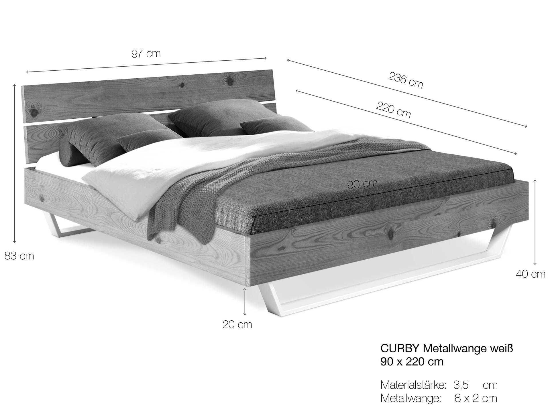 CURBY Kufenbett mit Kopfteil, Material Massivholz, rustikale Altholzoptik, Fichte, Kufen weiß 90 x 220 cm | vintage
