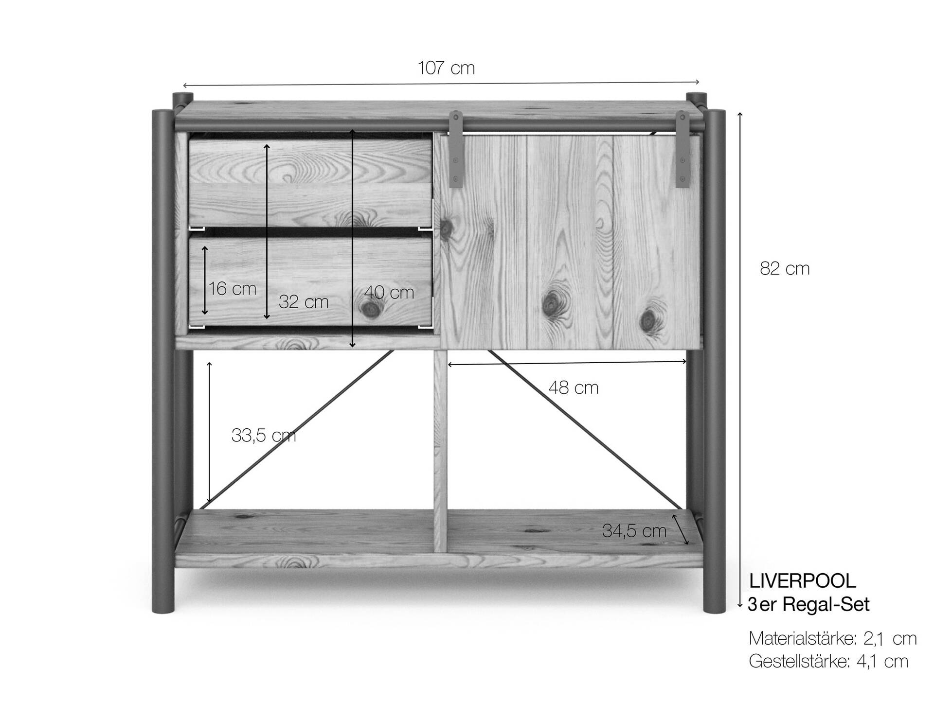 LIVERPOOL 3er Regal-Kombi, Sideboard aus Massivholz Thermo-Fichte, Metall schwarz Natur