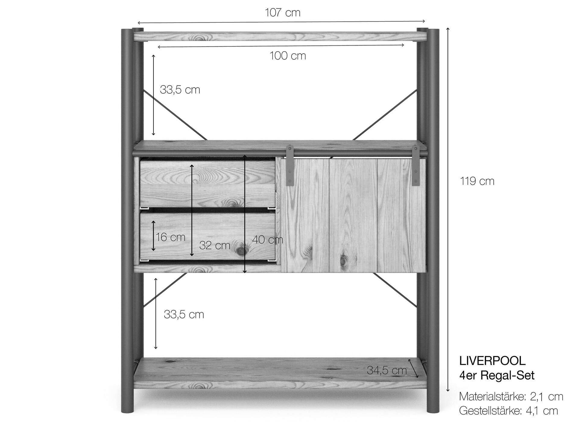 LIVERPOOL 4er Regal-Kombi, Highboard aus Massivholz Thermo-Fichte, Metall schwarz Natur