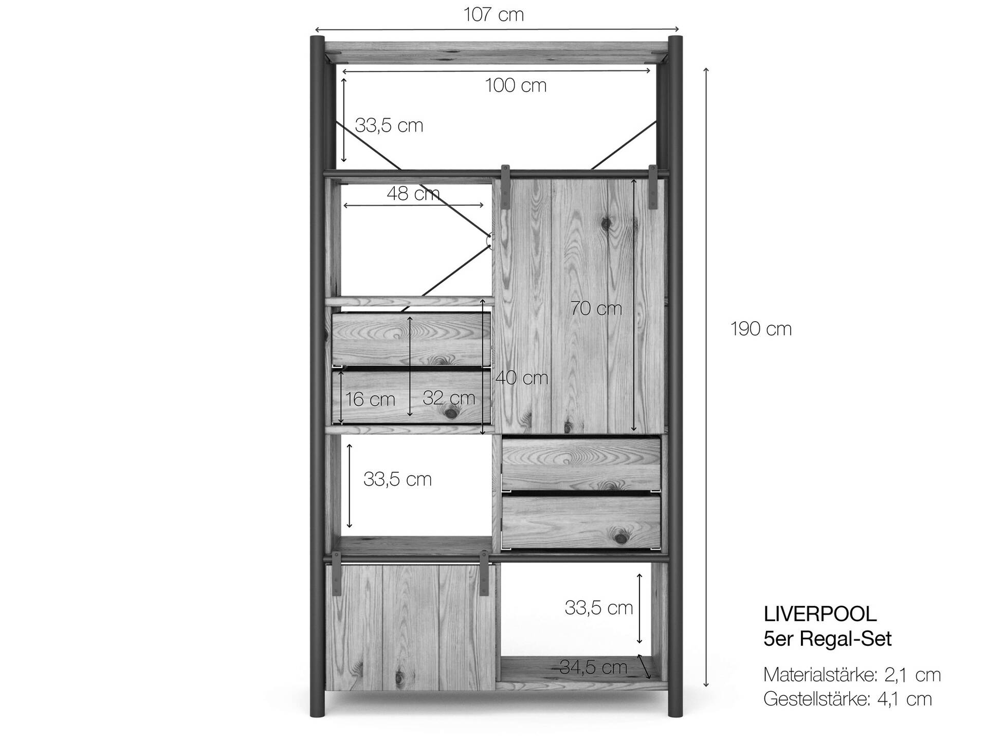 LIVERPOOL 5er Regal-Kombi II, Highboard aus Massivholz Thermo-Fichte, Metall schwarz Natur