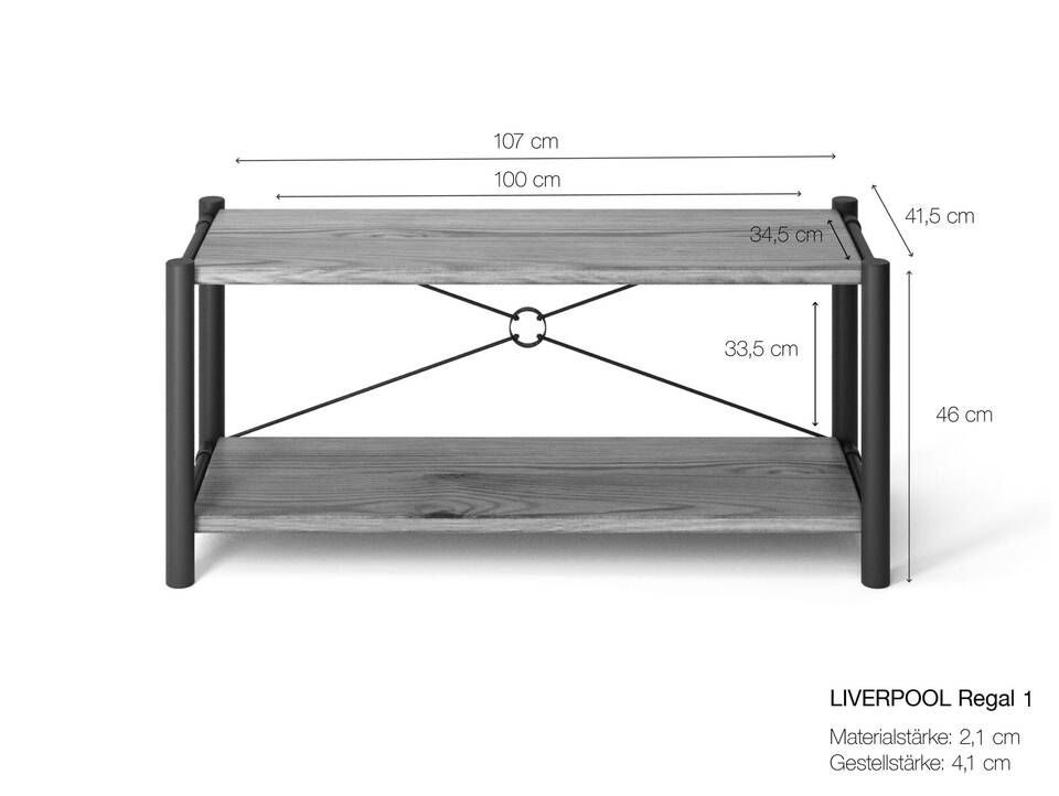 LIVERPOOL 2er Regal, Bücherregal aus Massivholz Thermo-Fichte, Metall schwarz Natur