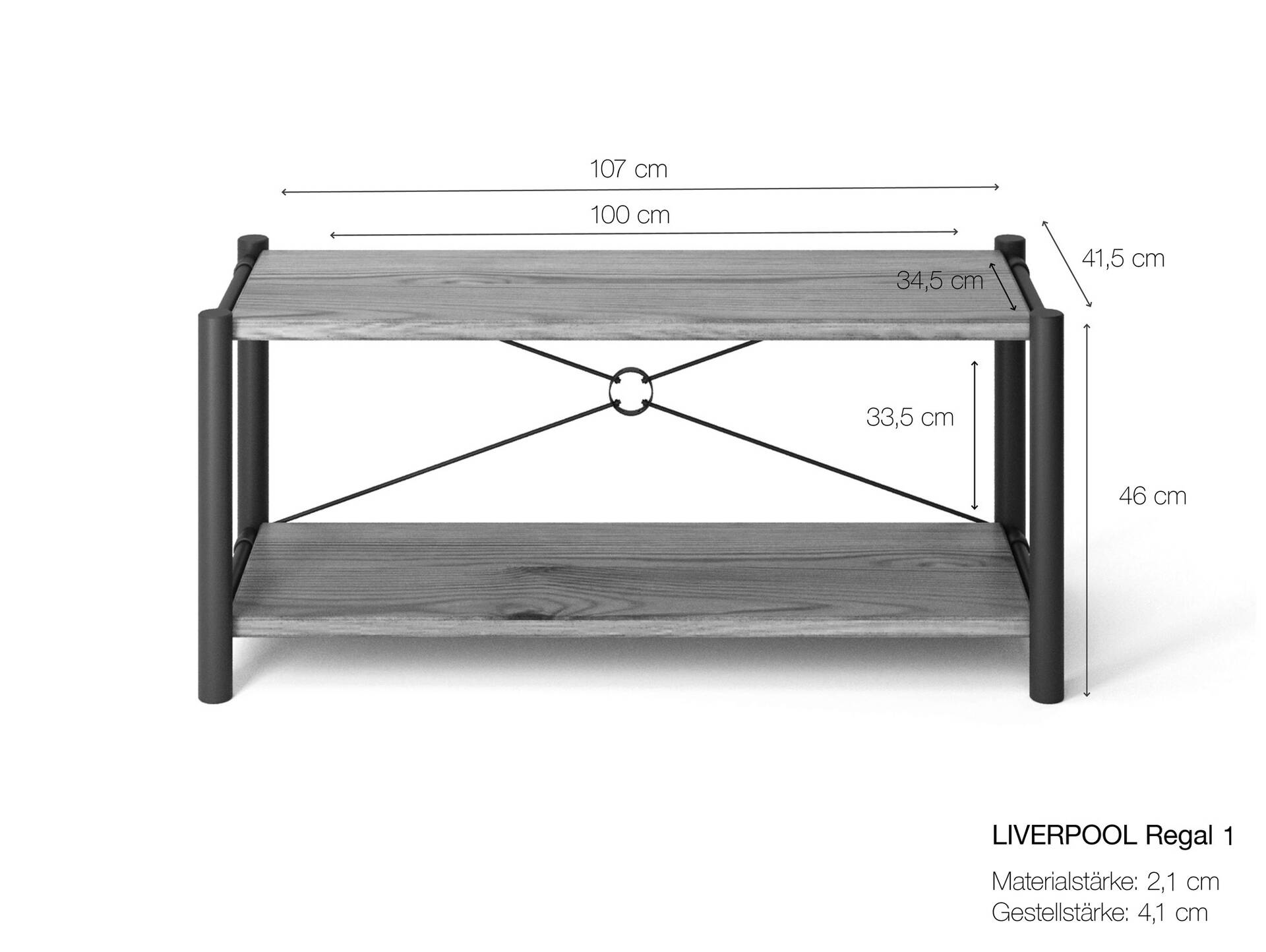 LIVERPOOL 2er Regal, Bücherregal aus Massivholz Thermo-Fichte, Metall schwarz Natur