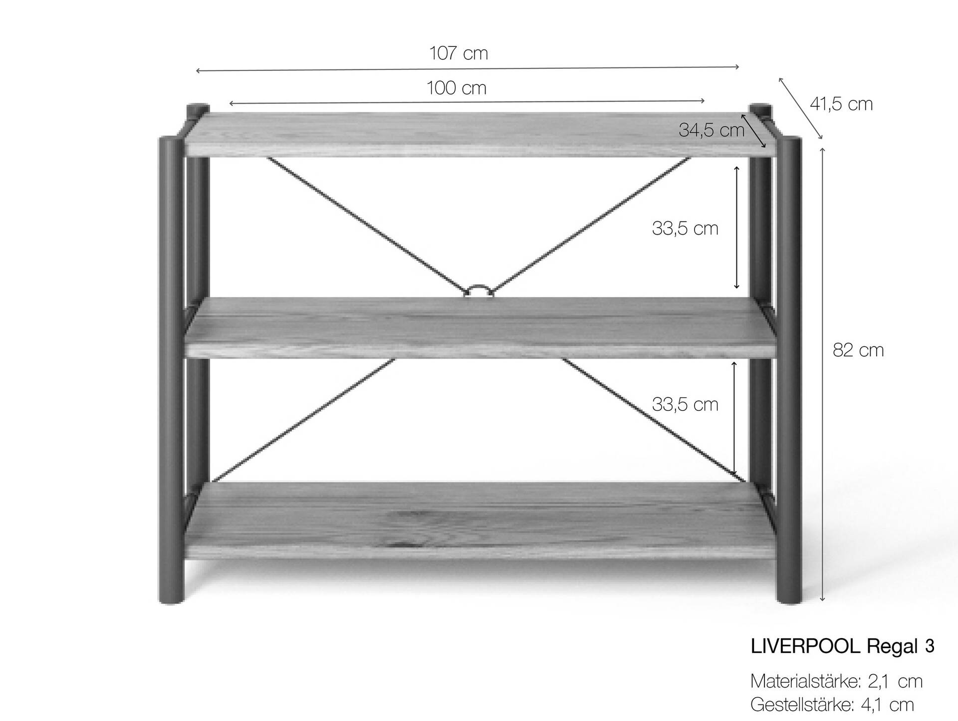 LIVERPOOL 3er Regal, Bücherregal aus Massivholz, Thermo-Fichte, Metall schwarz Natur