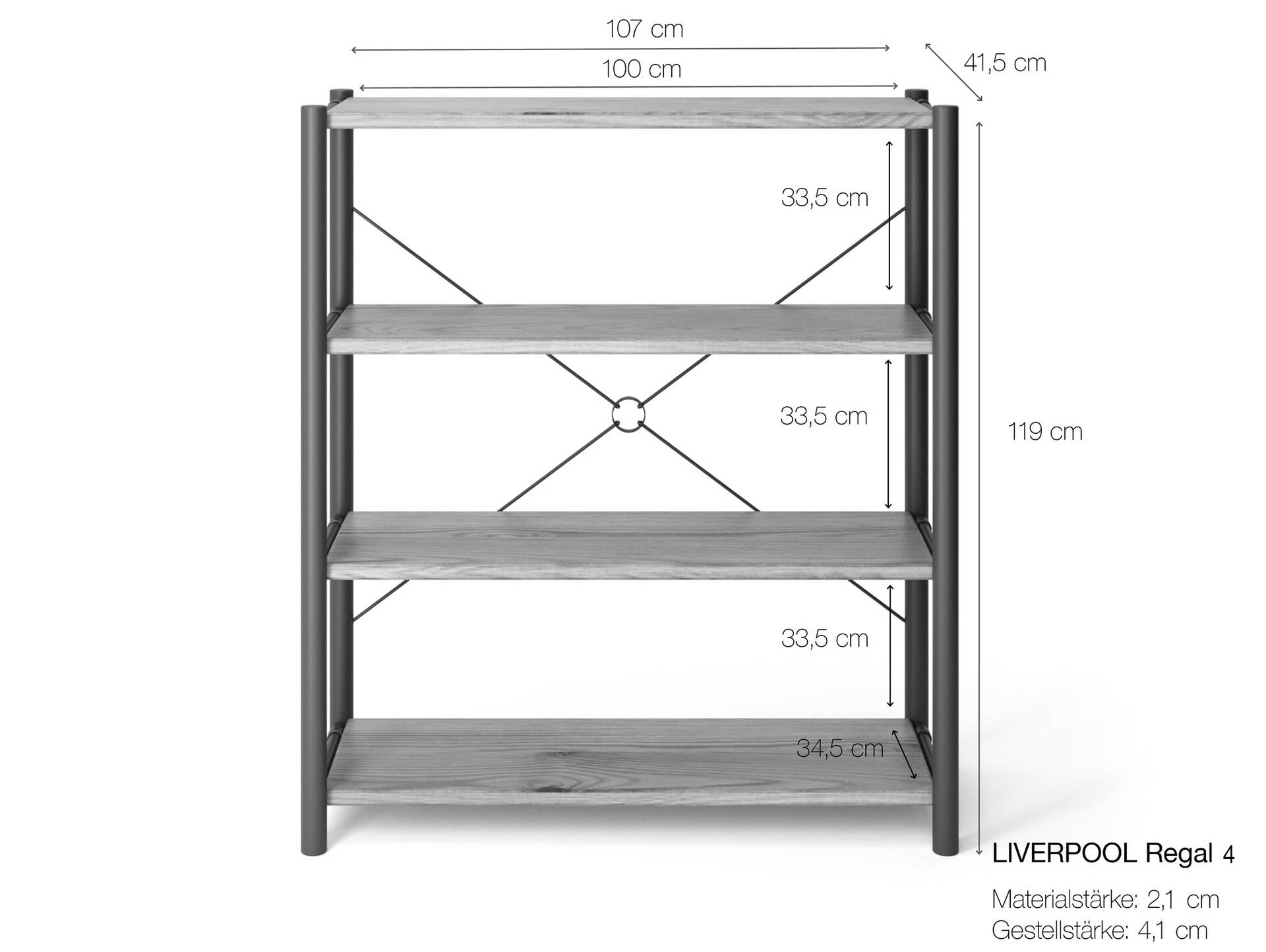 LIVERPOOL 4er Regal, Bücherregal aus Massivholz, Thermo-Fichte, Metall schwarz Natur