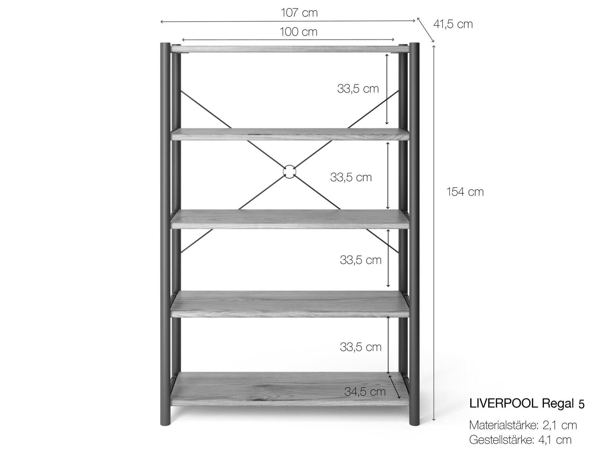 LIVERPOOL 5er Regal, Bücherregal aus Massivholz, Thermo-Fichte, Metall schwarz Natur