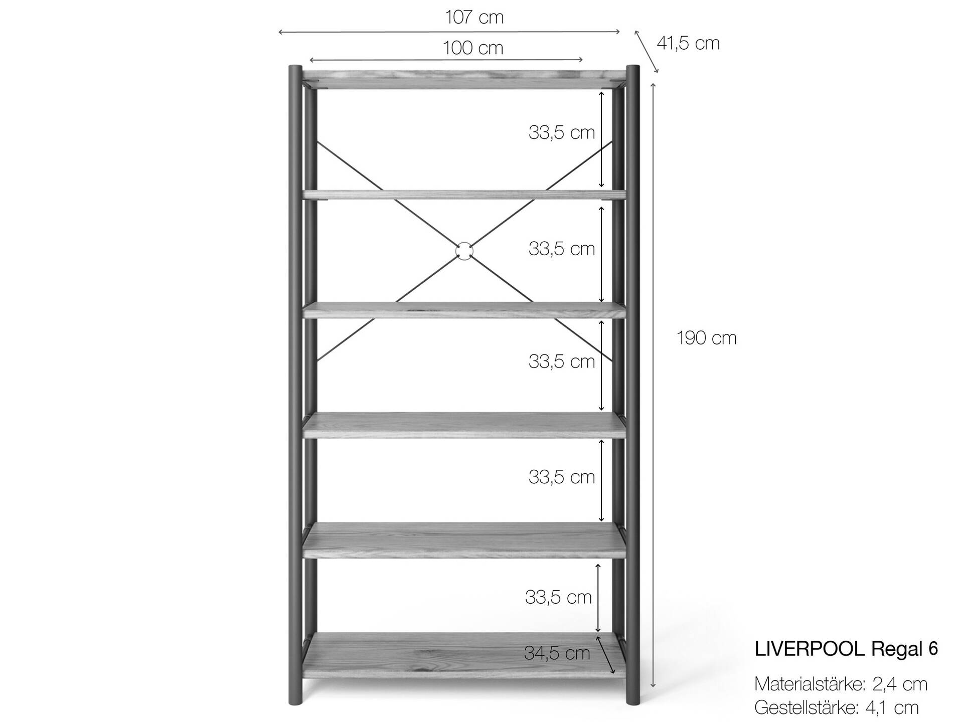 LIVERPOOL 6er Regal, Bücherregal aus Massivholz, Thermo-Fichte, Metall schwarz Natur