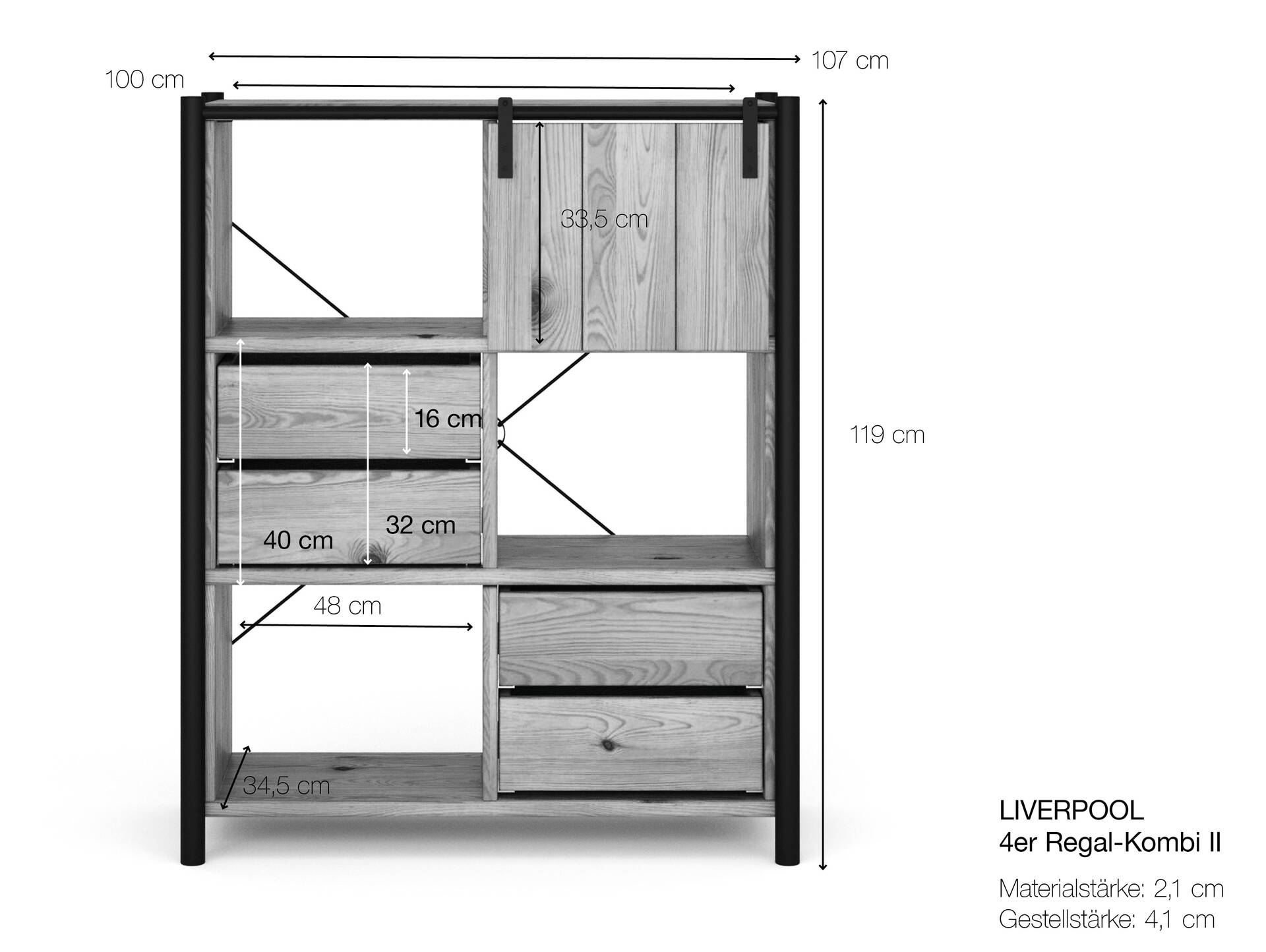 LIVERPOOL 4er Regal-Kombi II, Highboard II aus Massivholz, Thermo-Fichte, Metall schwarz Natur