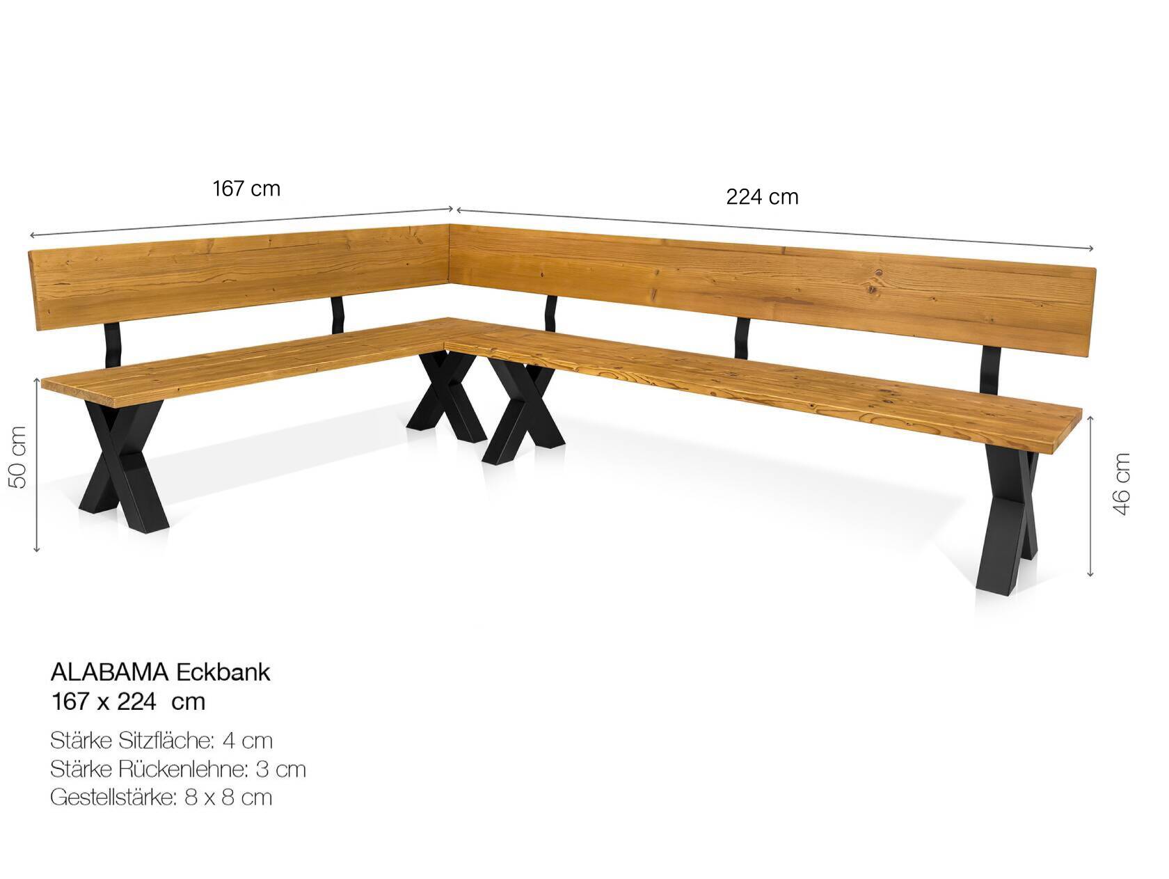 ALABAMA Eckbank mit X-Beinen, Altholzoptik, Material Massivholz, THERMO-Fichte lackiert 167 x 224 cm | natur