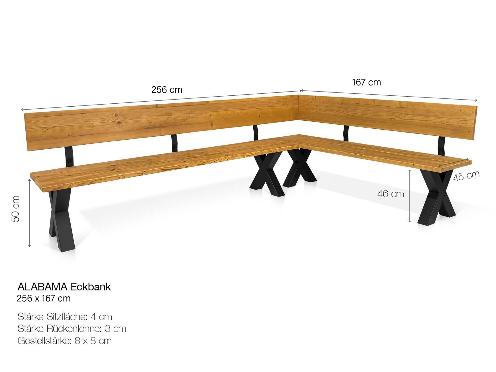 ALABAMA Eckbank mit X-Beinen, Altholzoptik, Material Massivholz, THERMO-Fichte lackiert 256 x 167 cm | vintage