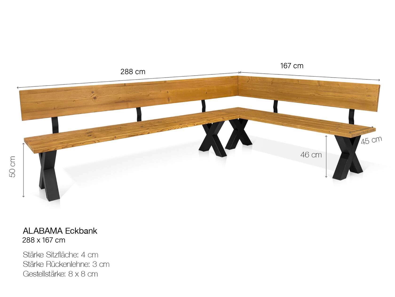 ALABAMA Eckbank mit X-Beinen, Altholzoptik, Material Massivholz, THERMO-Fichte lackiert 288 x 167 cm | vintage