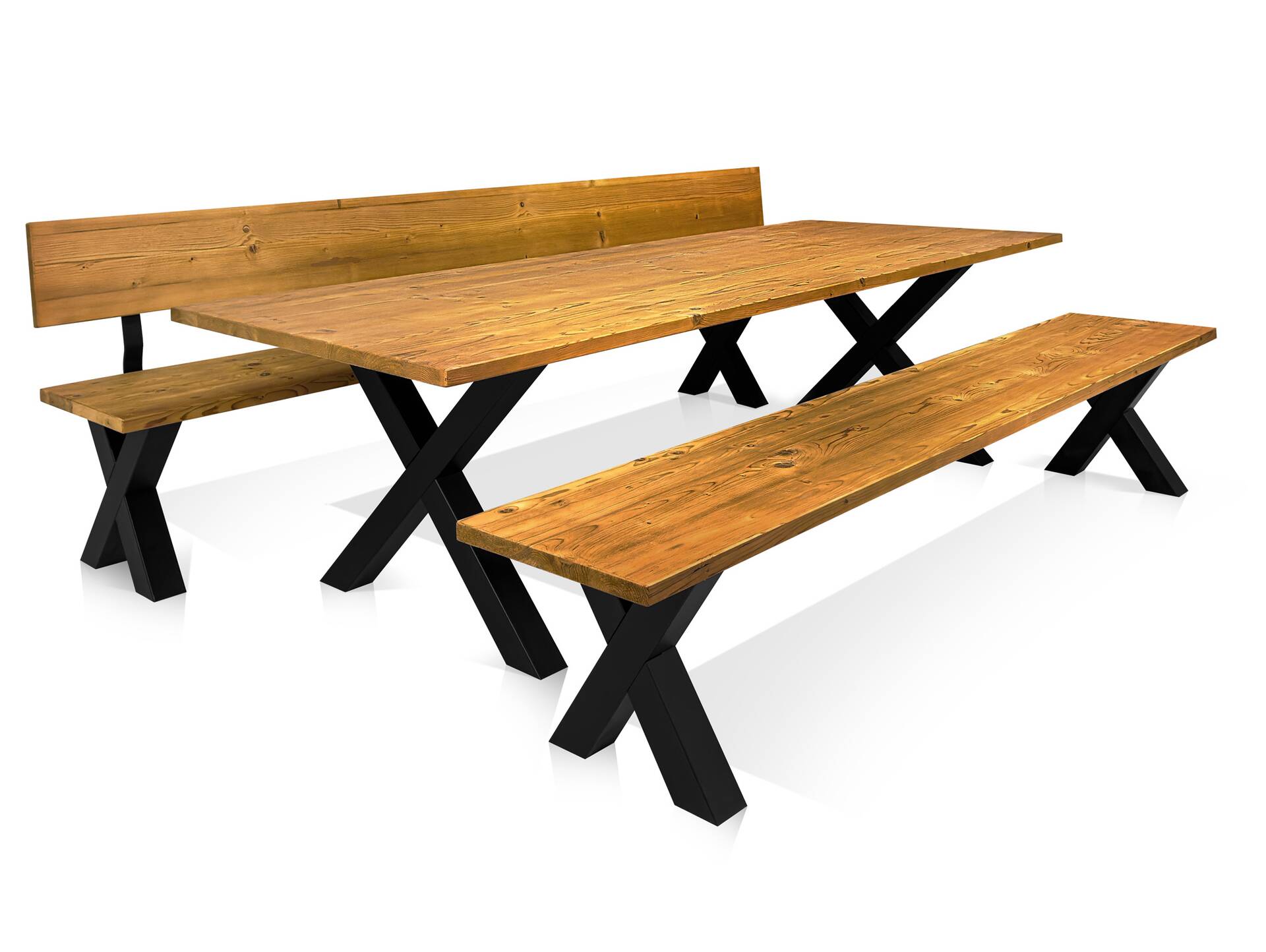 ALABAMA Sitzbank mit X-Beinen, Altholzoptik, Material Massivholz, THERMO-Fichte lackiert 260 cm | mit Rückenlehne | vintage