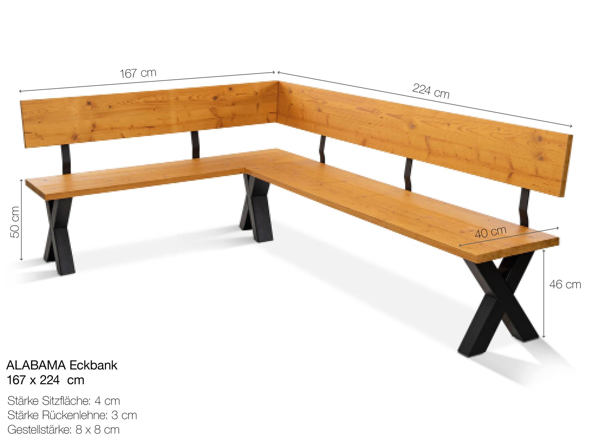ALABAMA Eckbank mit X-Beinen, Altholzoptik, Material Massivholz, THERMO-Fichte lackiert 167 x 224 cm | natur