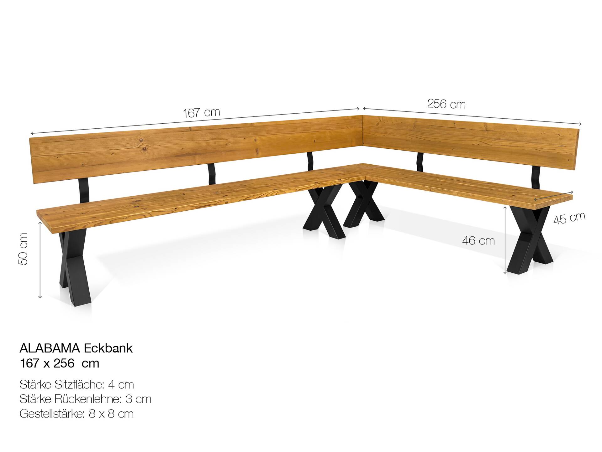 ALABAMA Eckbank mit X-Beinen, Altholzoptik, Material Massivholz, THERMO-Fichte lackiert 167 x 256 cm | vintage