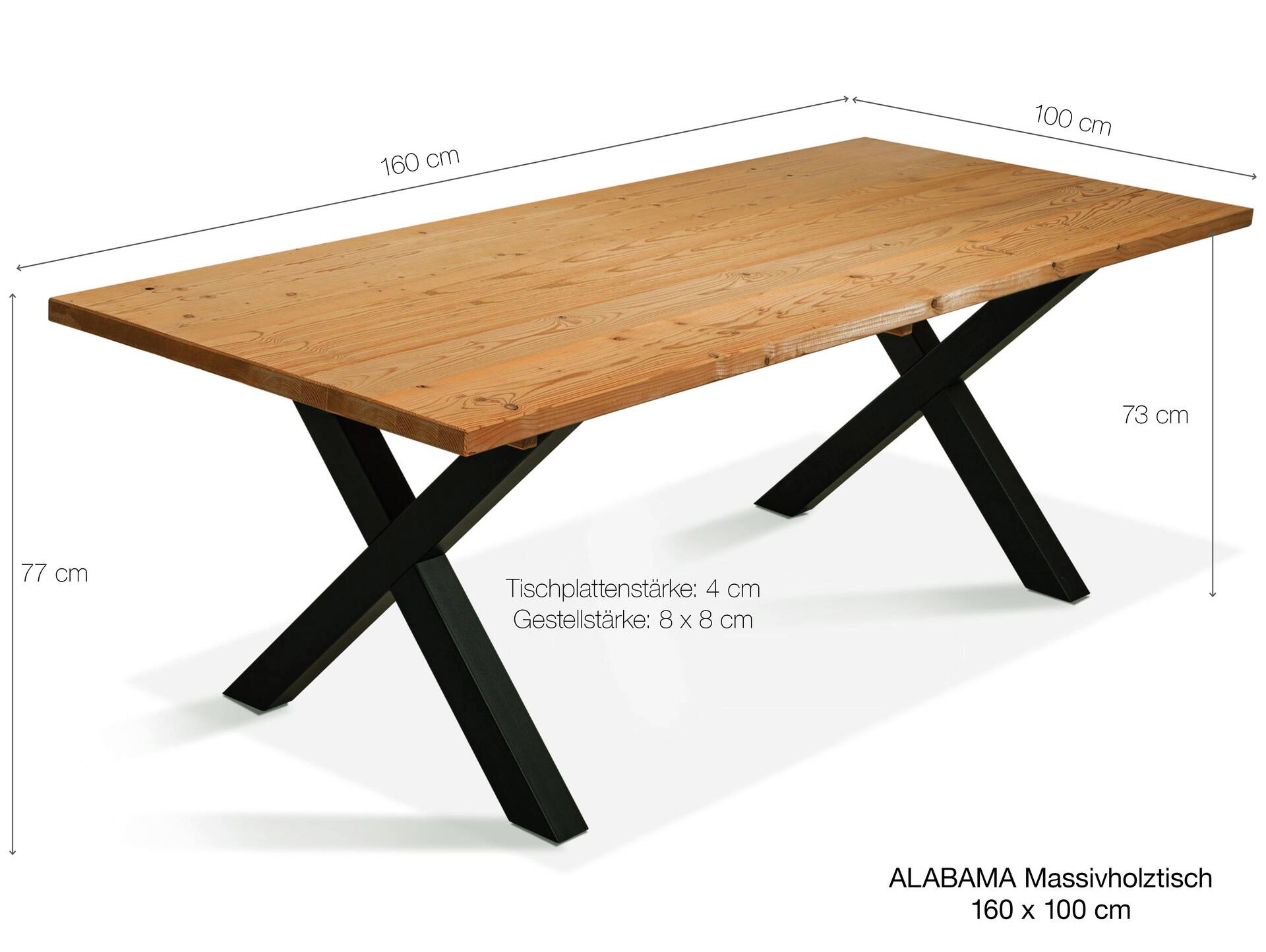 ALABAMA Massivholztisch mit X-Beinen, Altholzoptik, THERMO-Fichte lackiert 160 x 100 cm | vintage