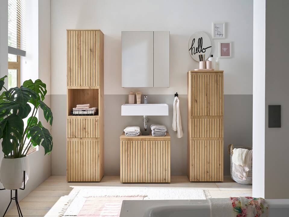 ASKINO Hochschrank fürs Badezimmer, Material Dekorspanplatte, Artisan Eiche Nachbildung 