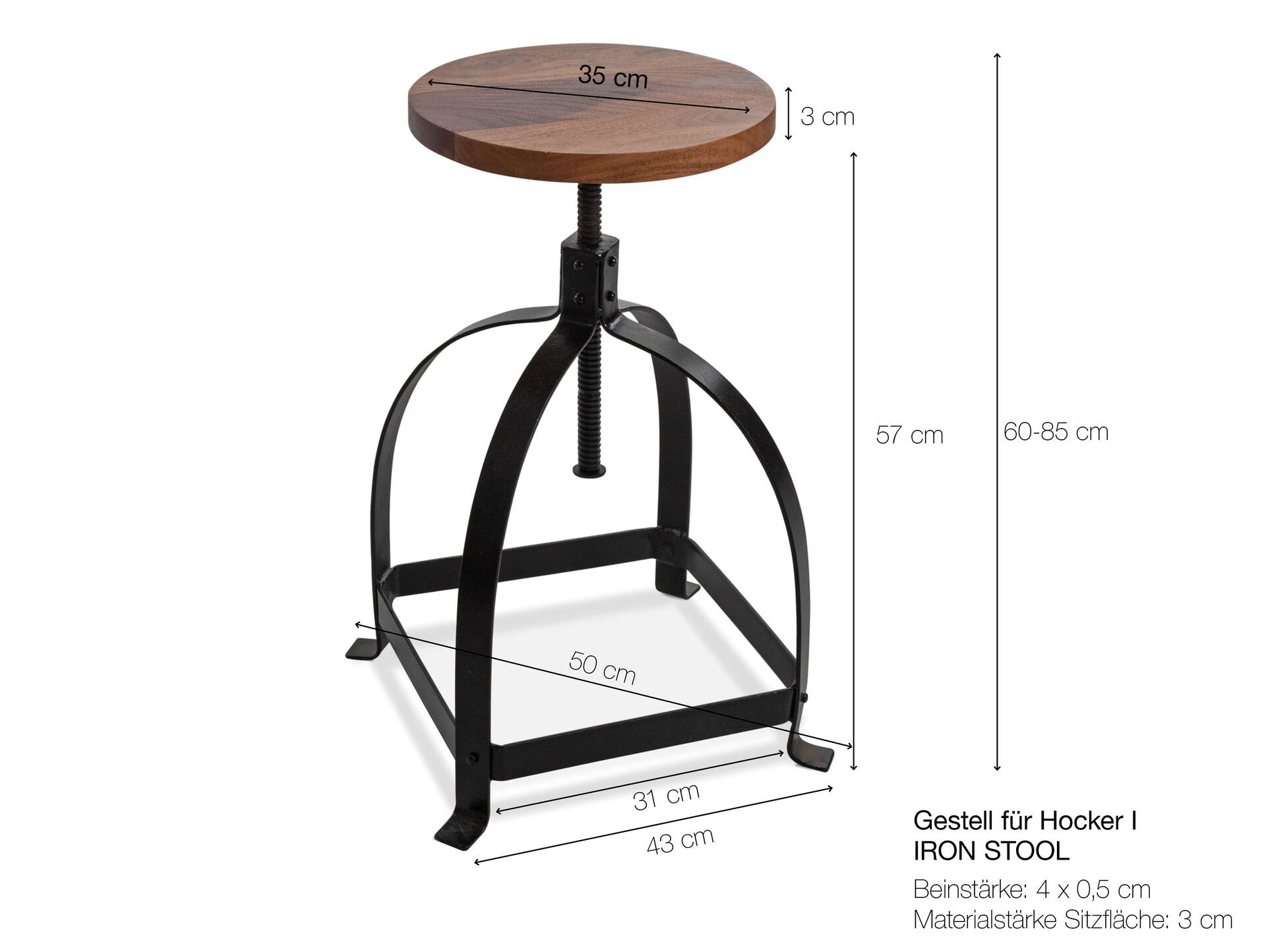 MARICO Barhocker, höhenverstellbar, Material Eisen + Mangoholz, H: 60-85cm 