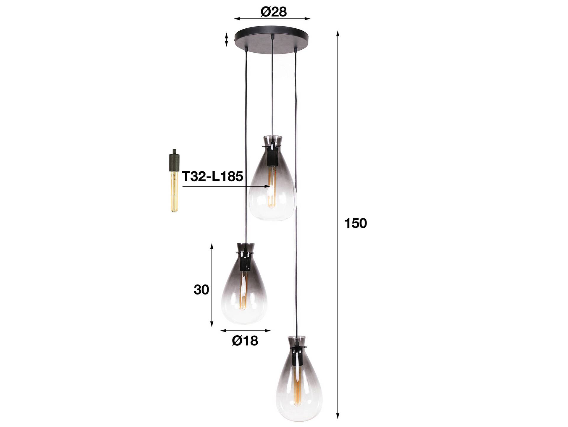 NORAN Hängelampe, 3-flammig, Glasschirme Rauchglas 