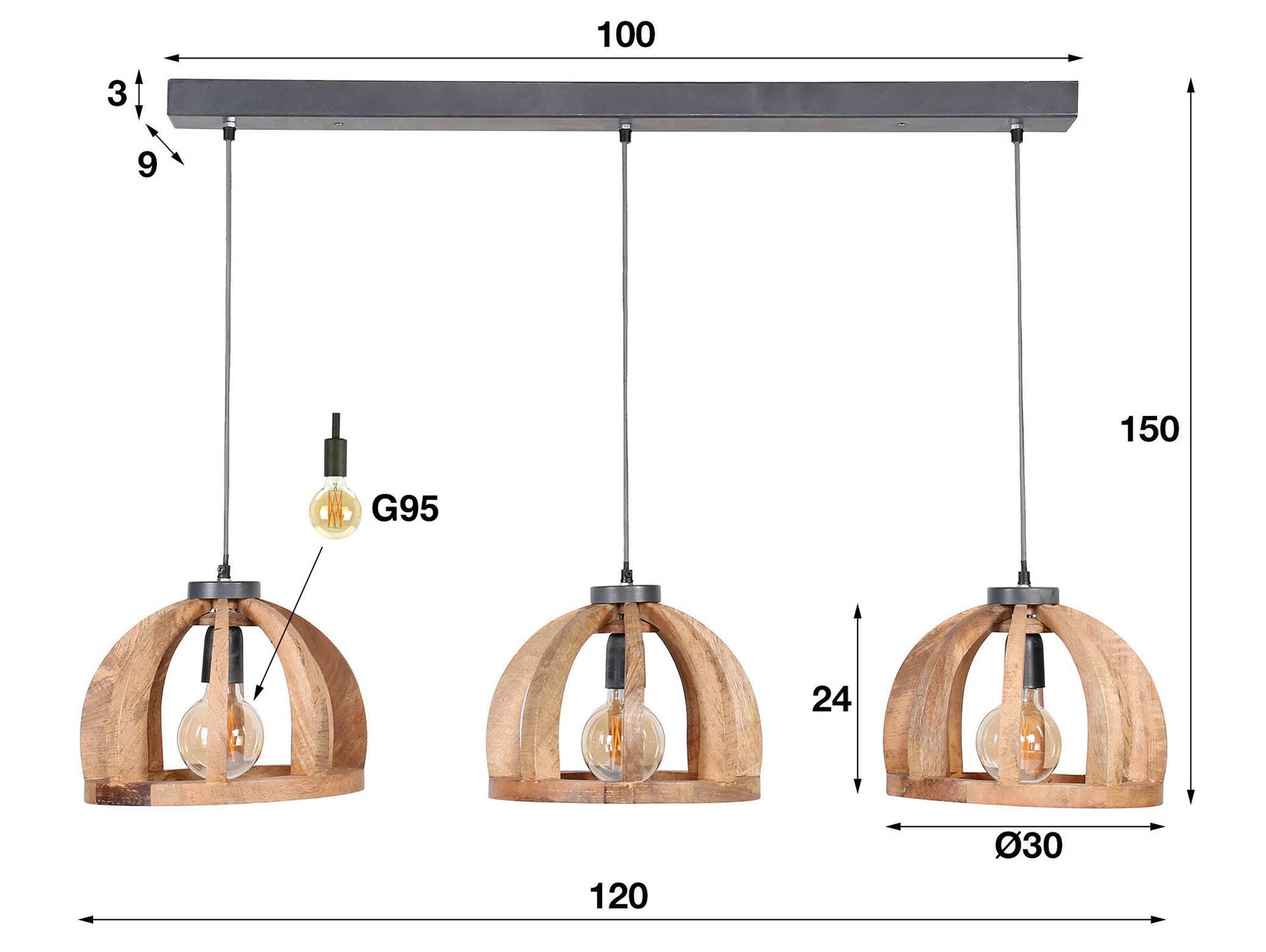 BALAIKA Hängelampe, 3-flammig, Material Massivholz, Mango 