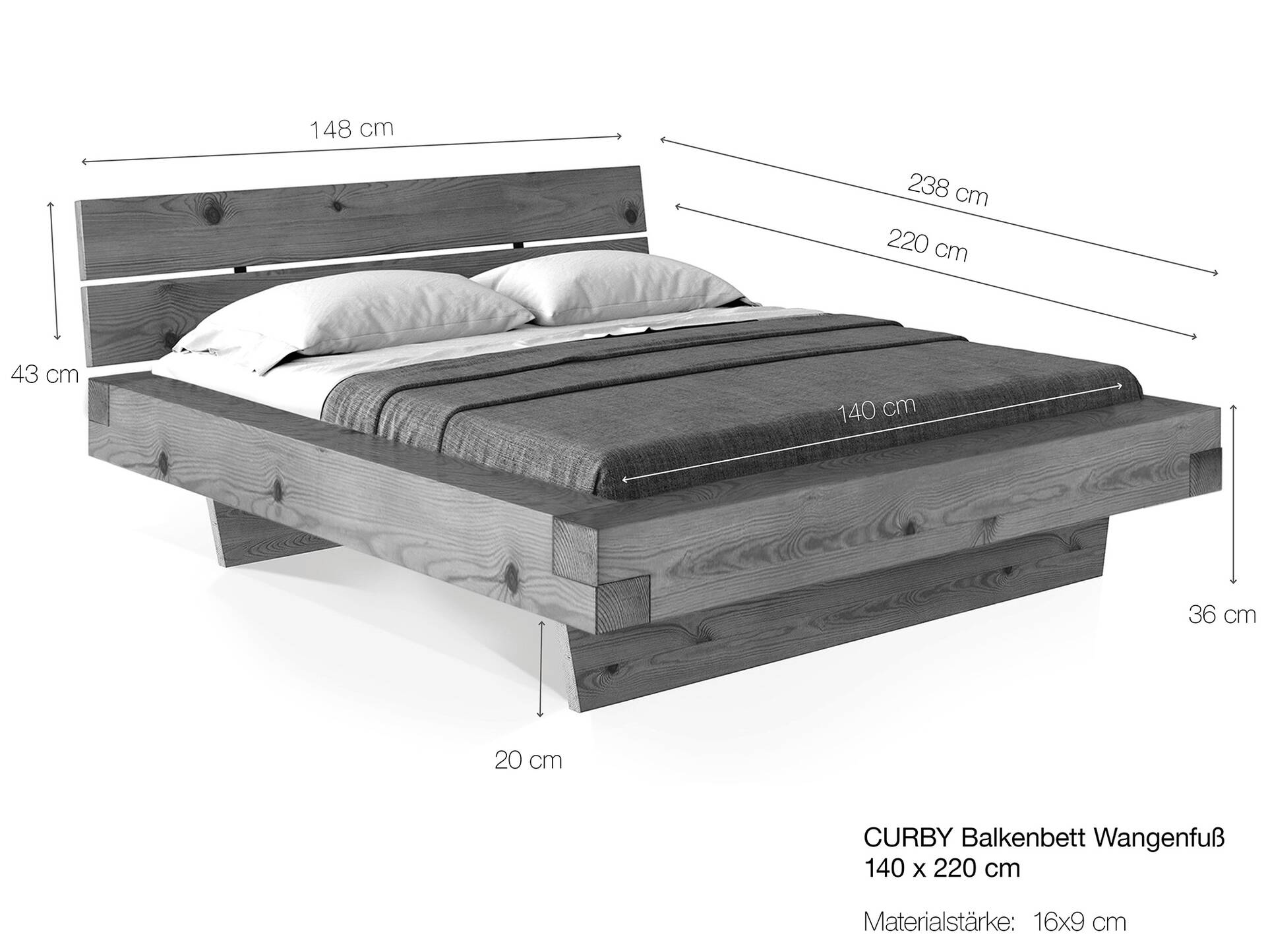 CURBY Balkenbett mit Kopfteil, Wangenfuß, Material Massivholz 140 x 220 cm | natur