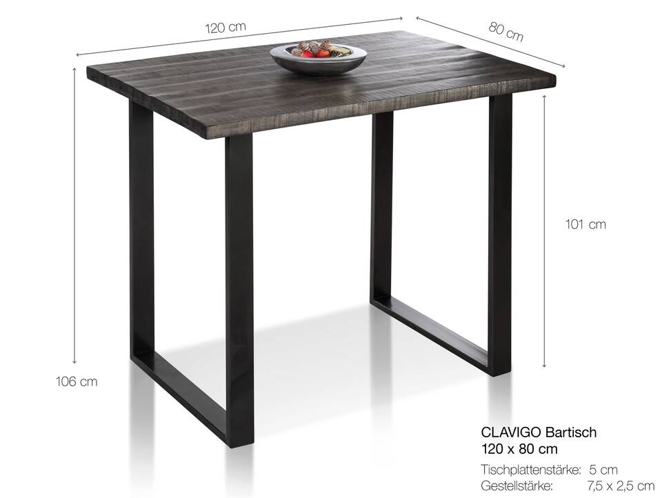 CLAVIGO Bartisch, Material Massivholz Akazie kohlefarbig, 120x80 cm 
