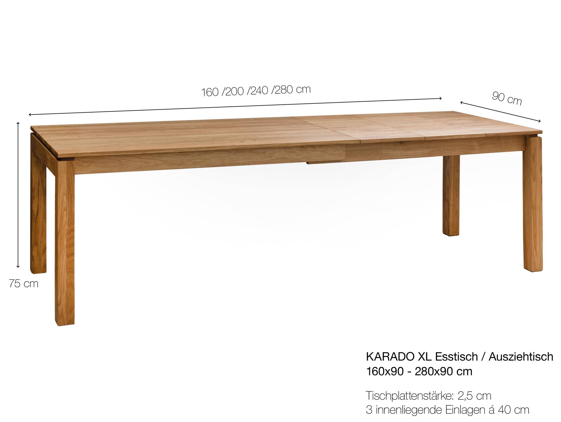 KARADO XL Esstisch / Ausziehtisch, Material Massivholz, Eiche, 160x90 - 280x90 cm 