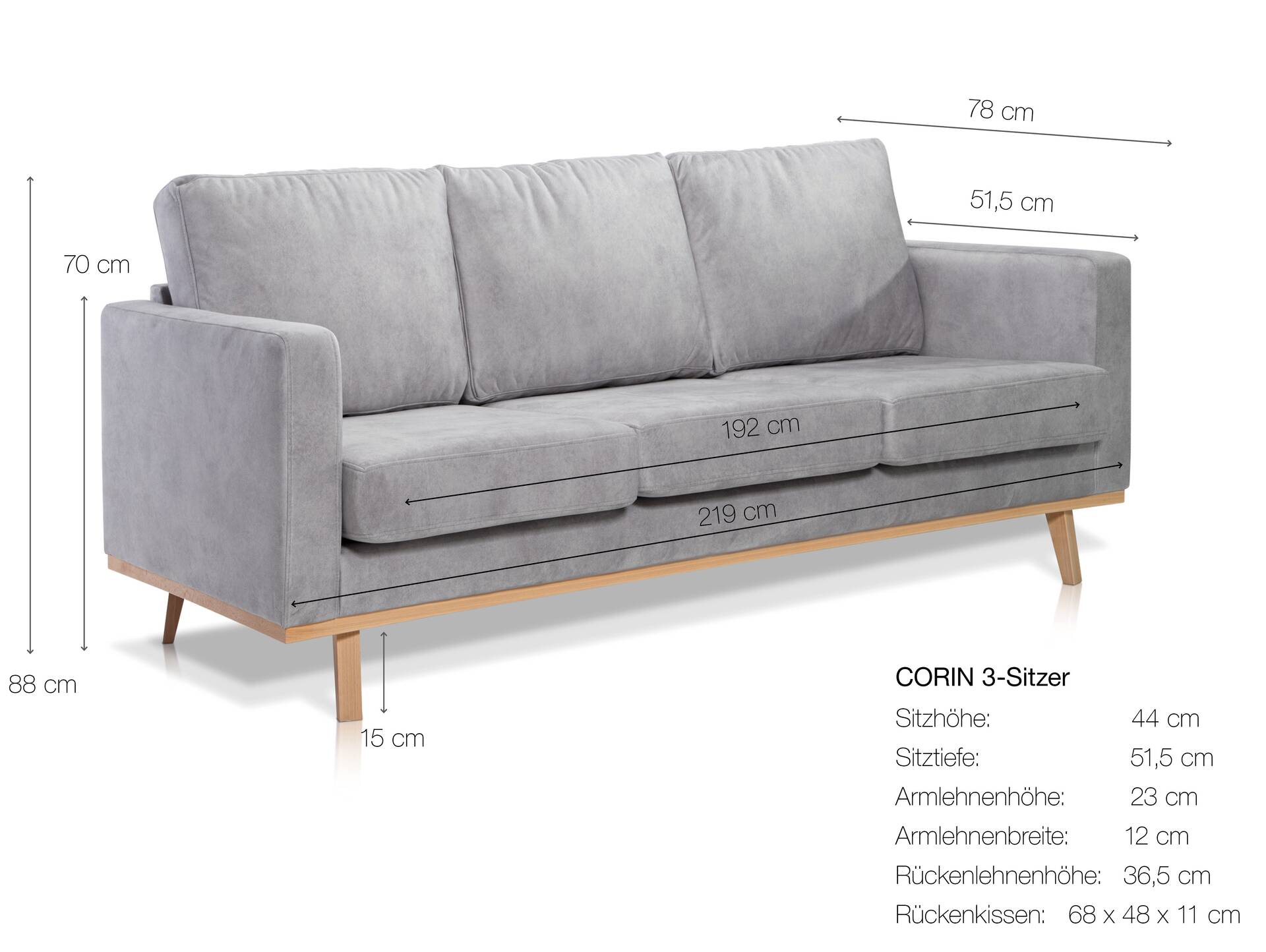 CORIN 3-Sitzer Sofa mit Echtholz-Untergestell, Bezug in Velour-Optik Mint