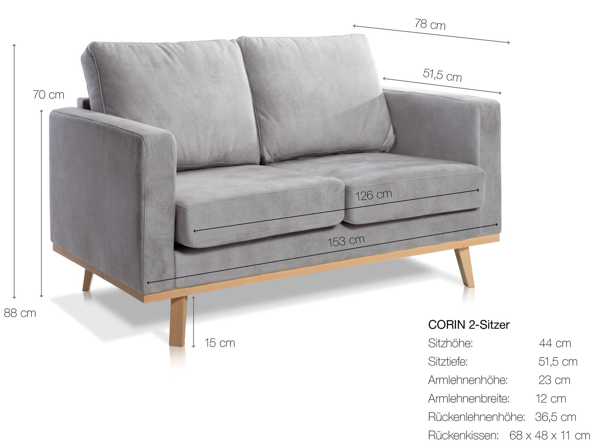 CORIN 2-Sitzer Sofa mit Echtholz-Untergestell, Bezug in Velour-Optik Mint