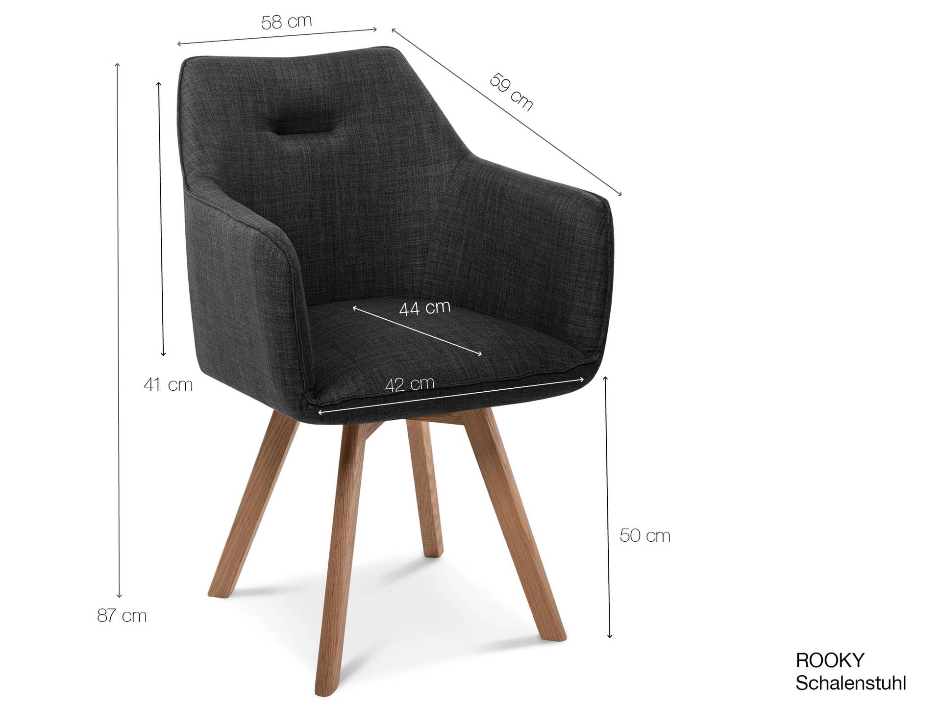 ROOKY Schalenstuhl, Gestell Eiche massiv/Bezug Stoff anthrazit | ohne Drehfunktion 